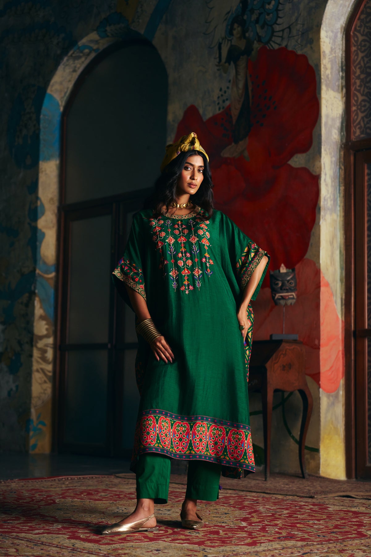 Emerald Green Silk Kaftan Kurta Set with Patola Print Border and Pants