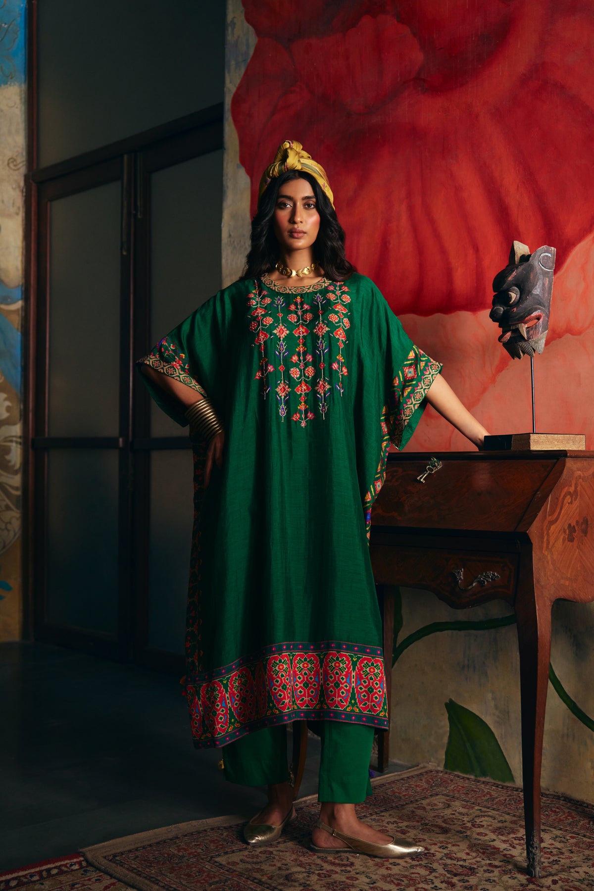 Emerald Green Silk Kaftan Kurta Set with Patola Print Border and Pants