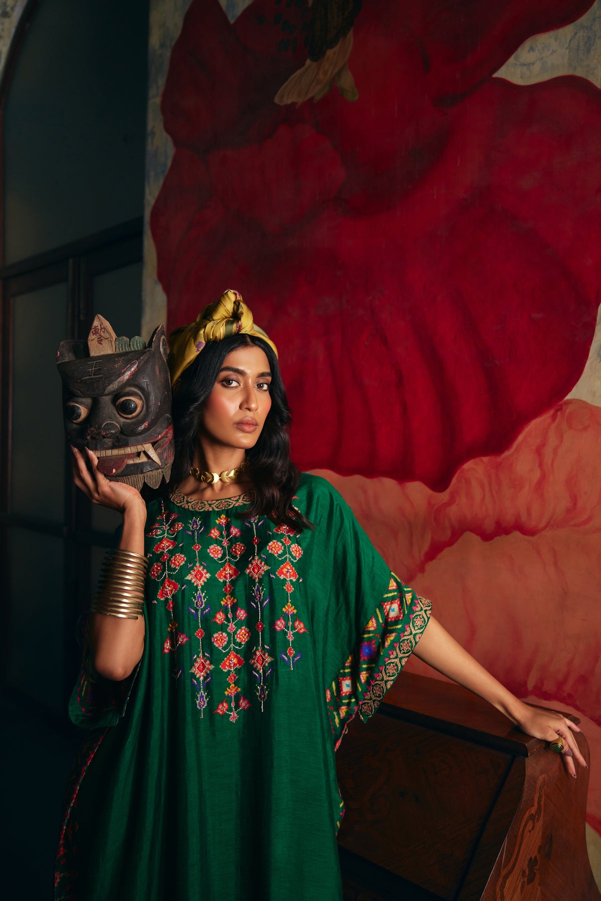 Emerald Green Silk Kaftan Kurta Set with Patola Print Border and Pants