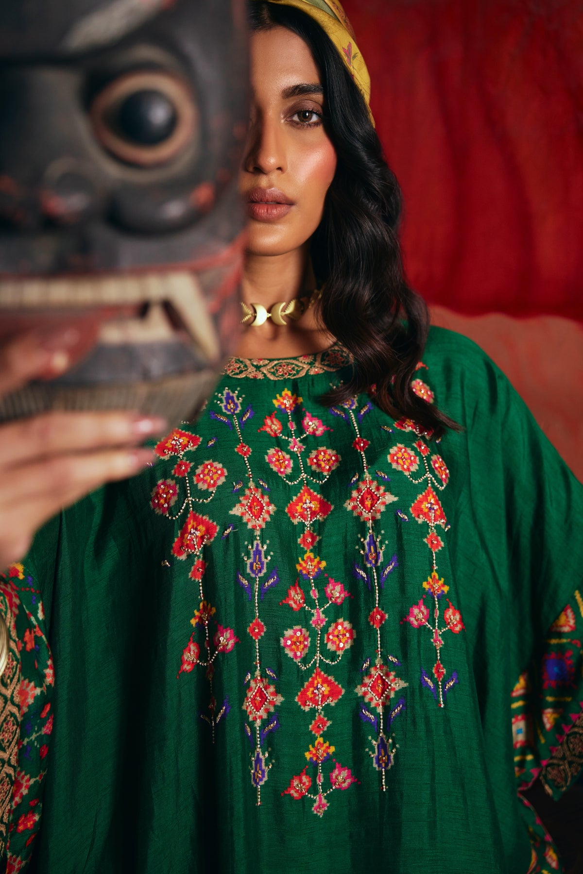 Emerald Green Silk Kaftan Kurta Set with Patola Print Border and Pants