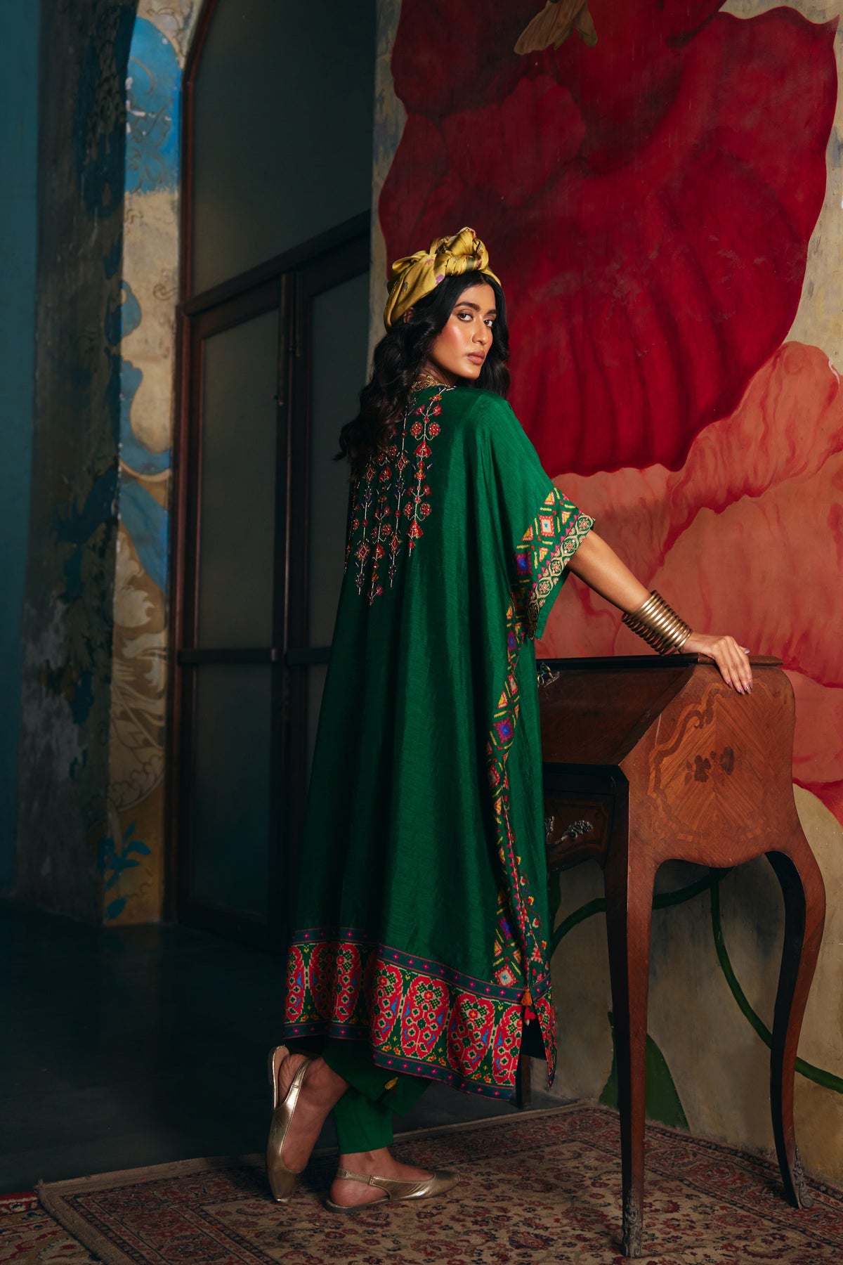 Emerald Green Silk Kaftan Kurta Set with Patola Print Border and Pants