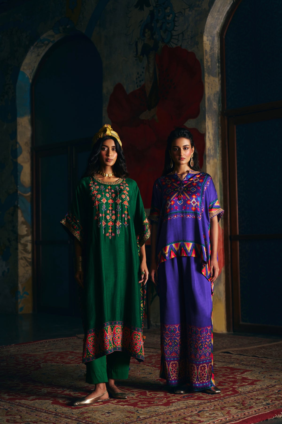Royal Blue Silk Kaftan Co-ord Set with Patola Print and Wide-Leg Pants