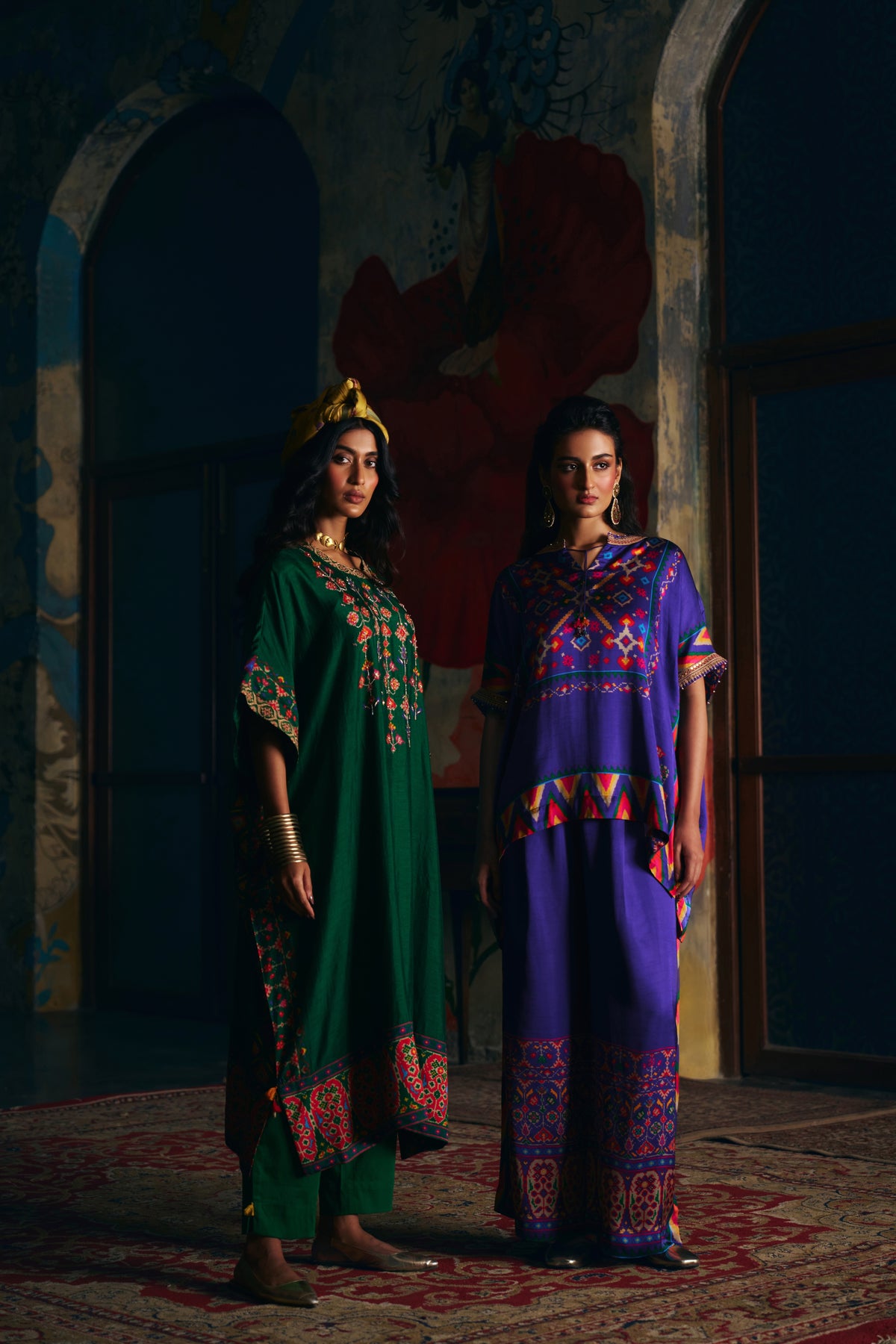 Royal Blue Silk Kaftan Co-ord Set with Patola Print and Wide-Leg Pants