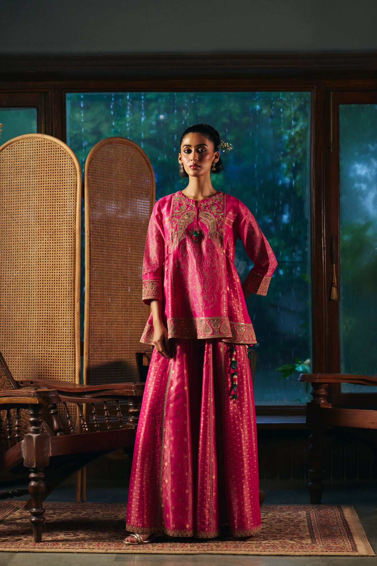 Fuchsia Pink Banarasi Tissue Kurta Set with Zardozi Paisley Embroidery and Sharara