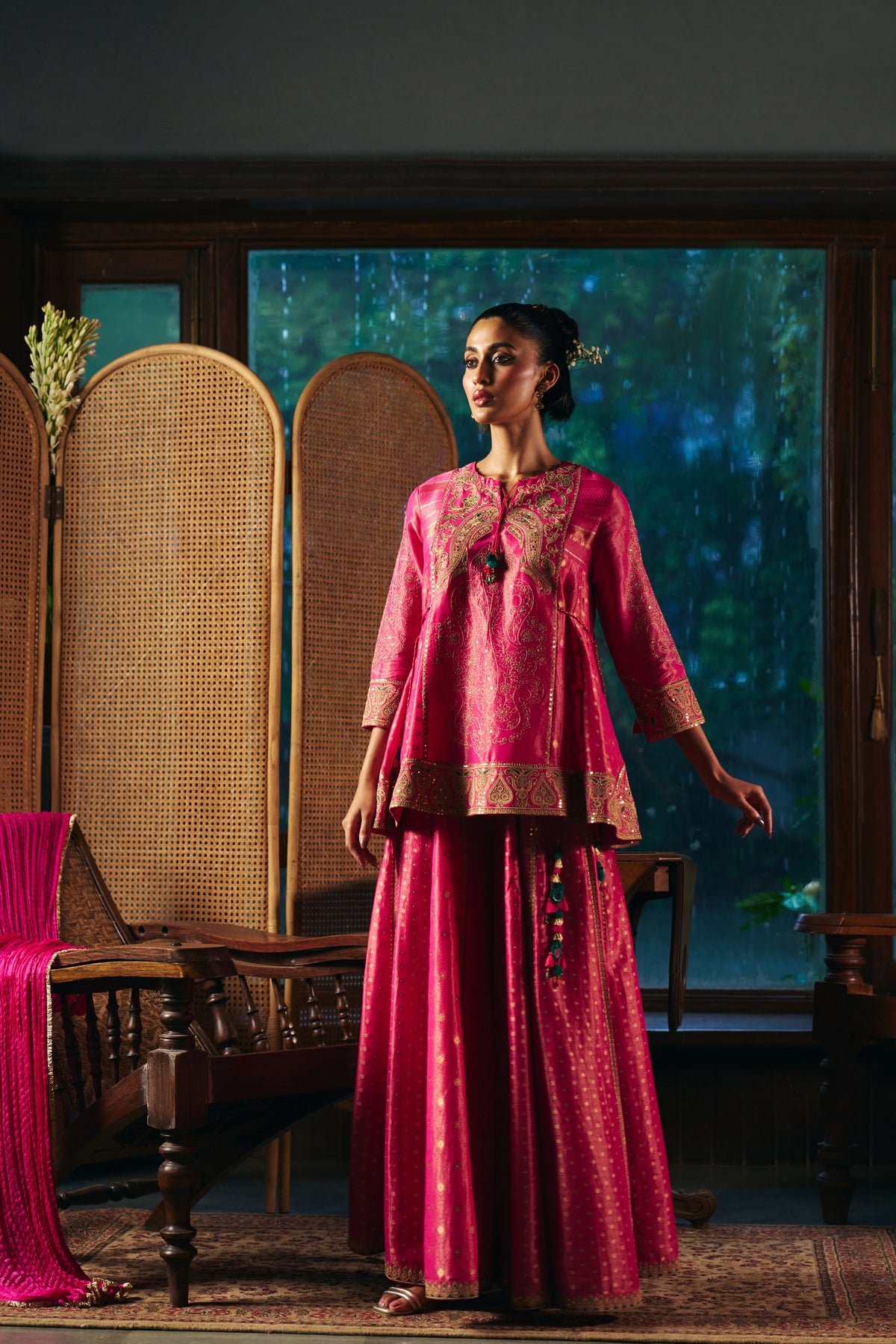 Fuchsia Pink Banarasi Tissue Kurta Set with Zardozi Paisley Embroidery and Sharara