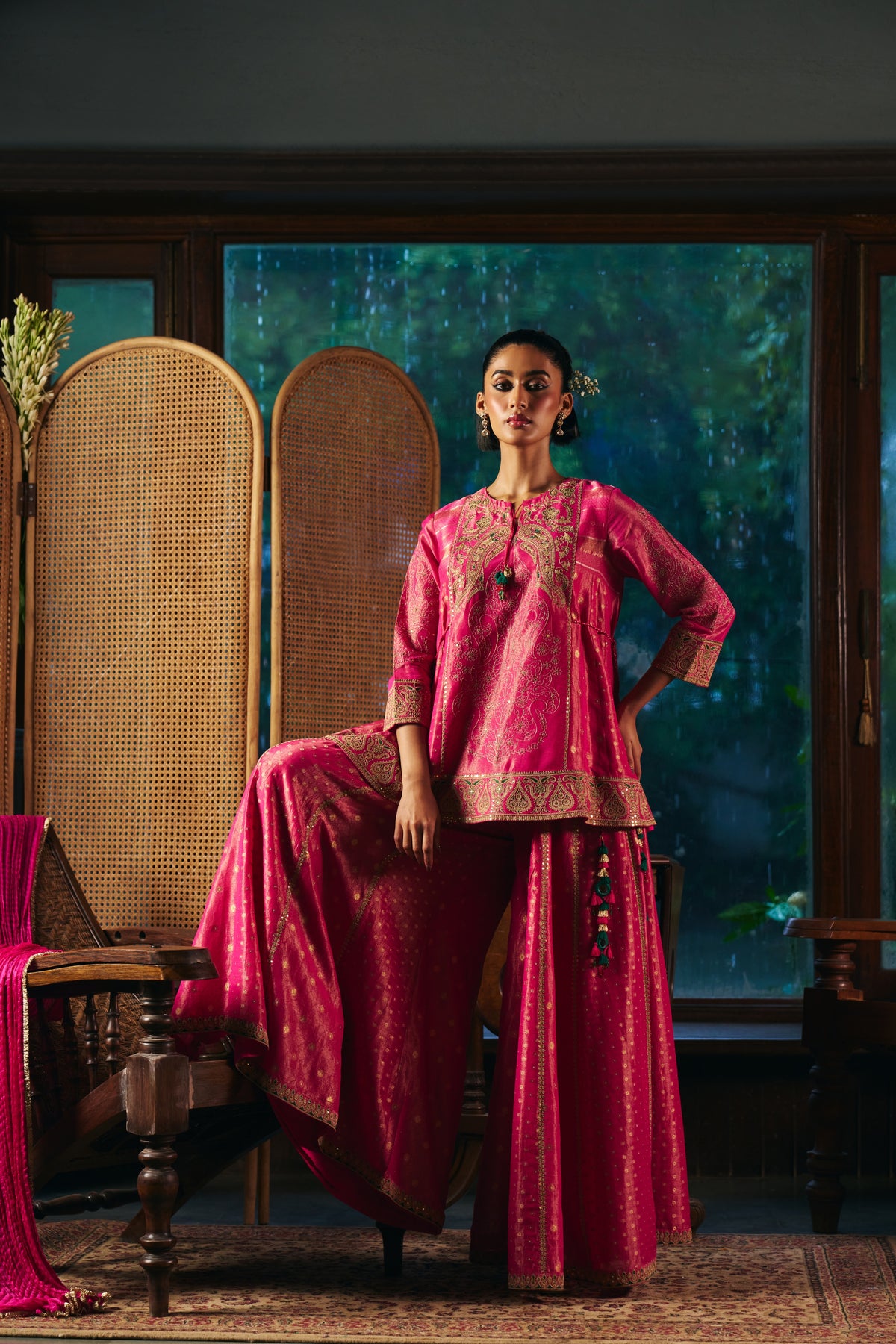 Fuchsia Pink Banarasi Tissue Kurta Set with Zardozi Paisley Embroidery and Sharara