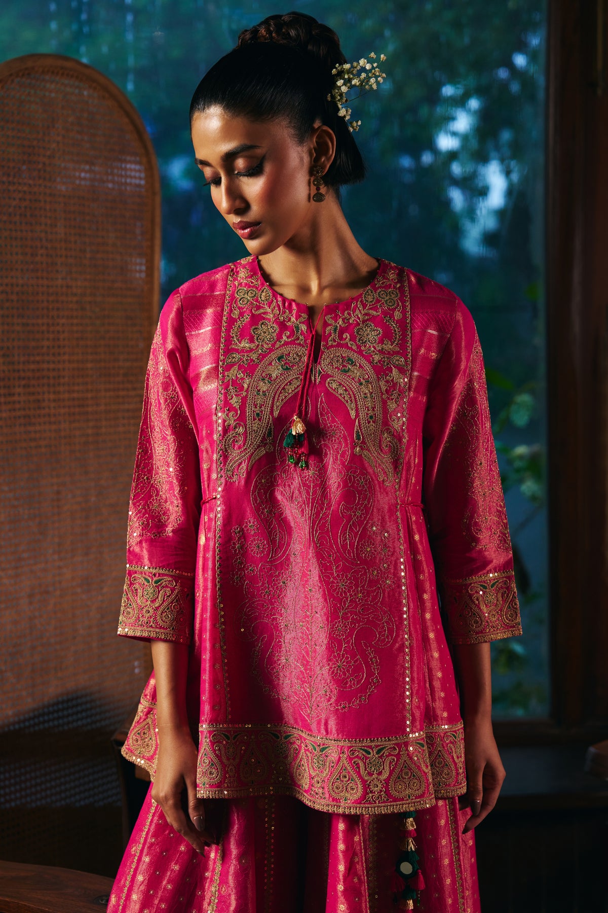 Fuchsia Pink Banarasi Tissue Kurta Set with Zardozi Paisley Embroidery and Sharara