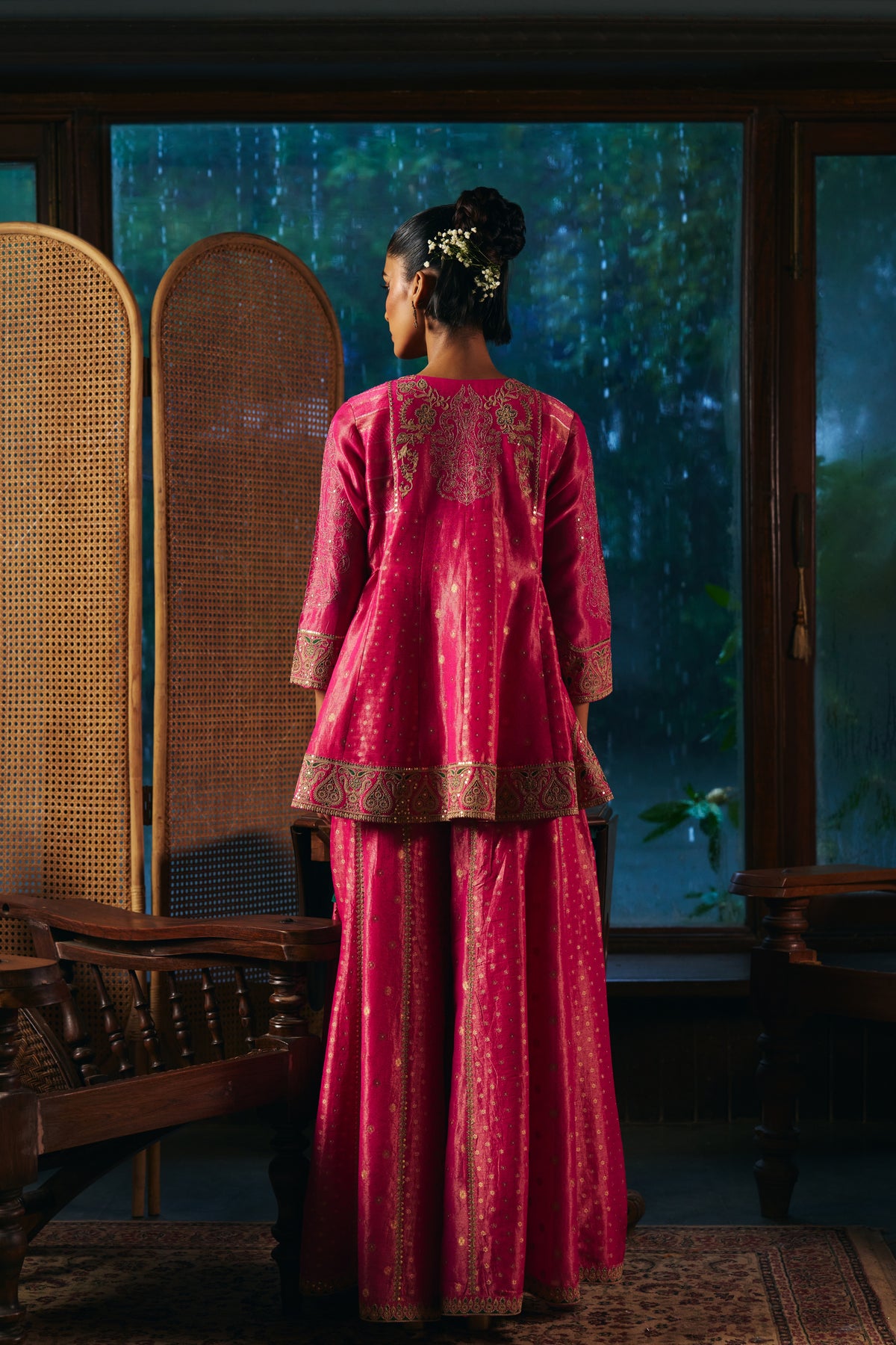 Fuchsia Pink Banarasi Tissue Kurta Set with Zardozi Paisley Embroidery and Sharara