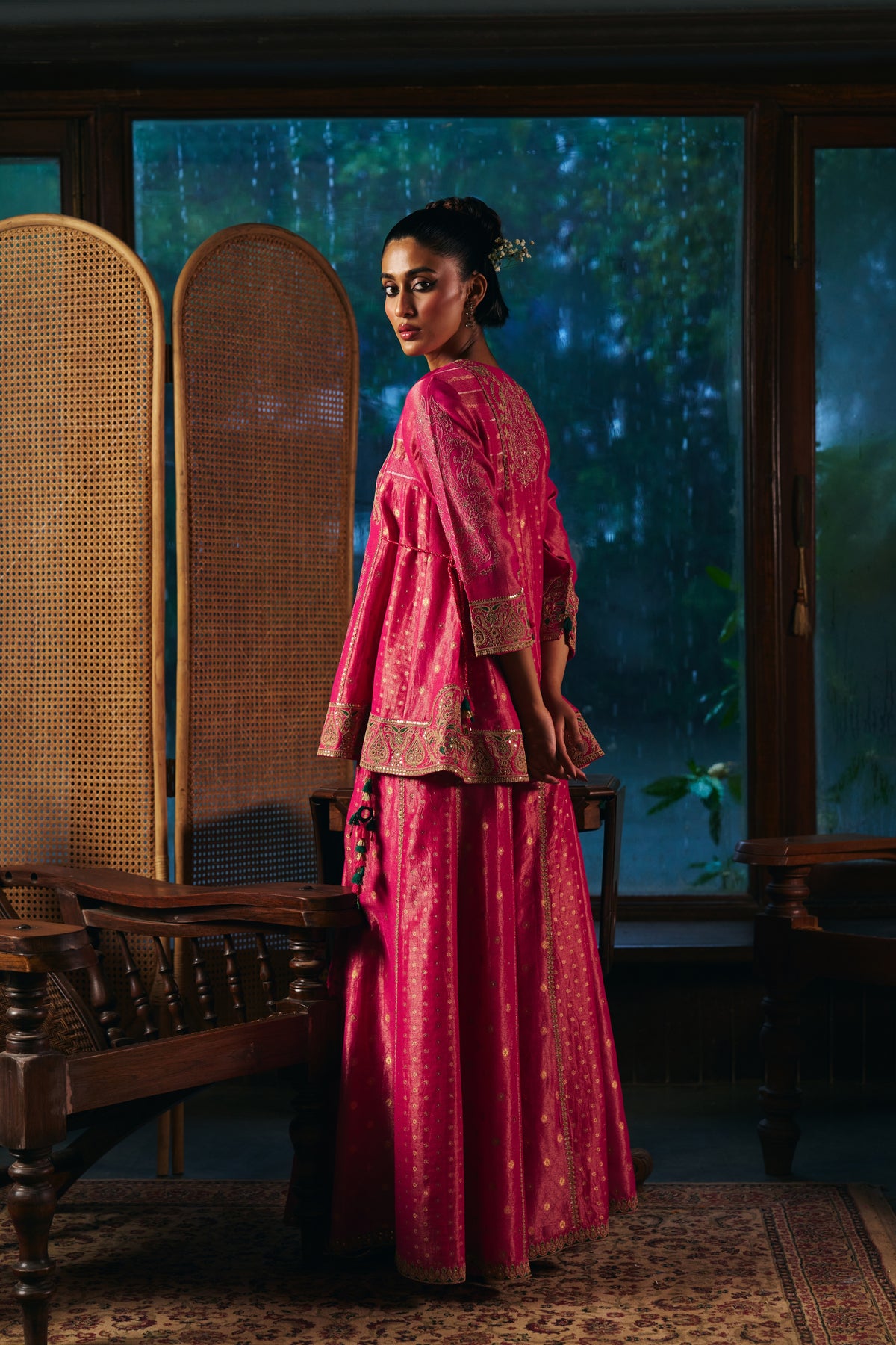 Fuchsia Pink Banarasi Tissue Kurta Set with Zardozi Paisley Embroidery and Sharara
