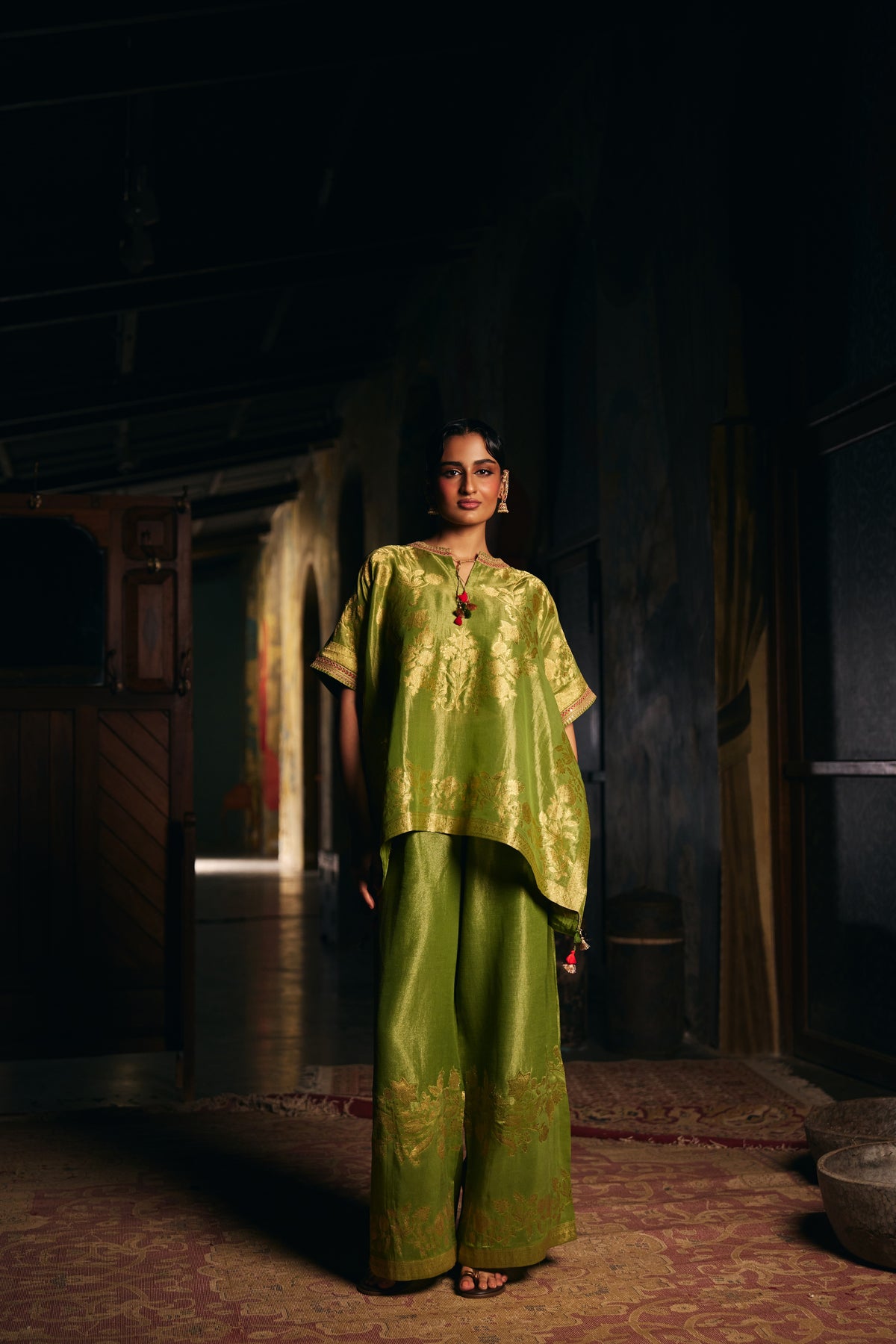 Moss Green Banarasi Tissue Kaftan Set with Wide-Leg Pants