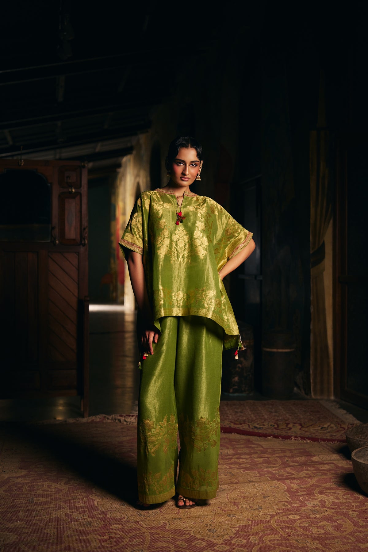 Moss Green Banarasi Tissue Kaftan Set with Wide-Leg Pants