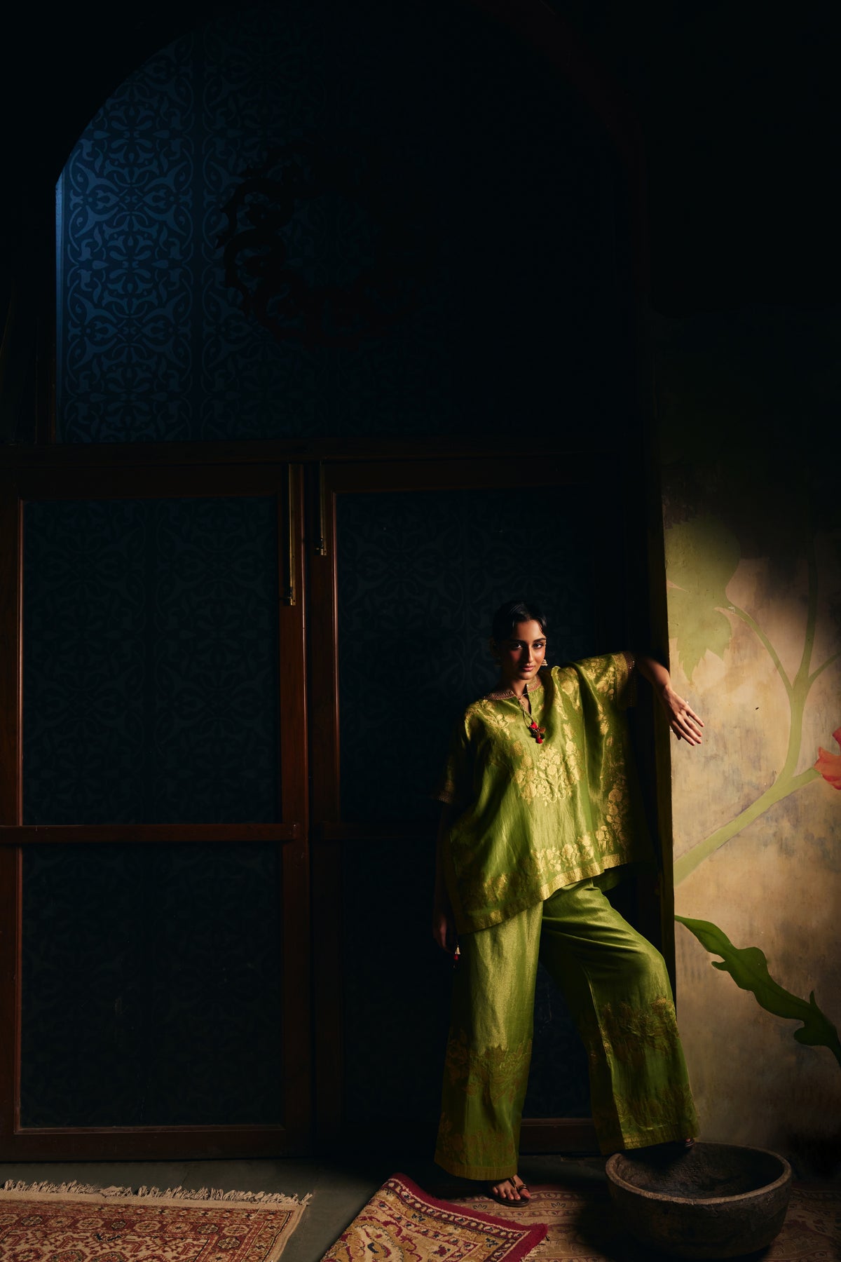 Moss Green Banarasi Tissue Kaftan Set with Wide-Leg Pants
