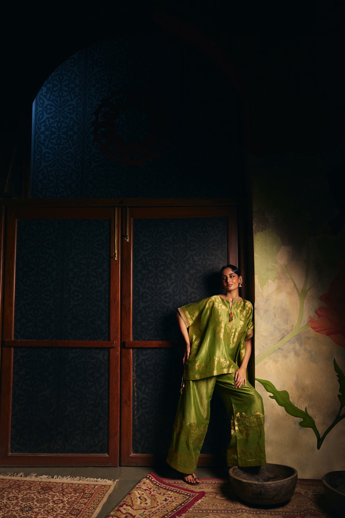 Moss Green Banarasi Tissue Kaftan Set with Wide-Leg Pants