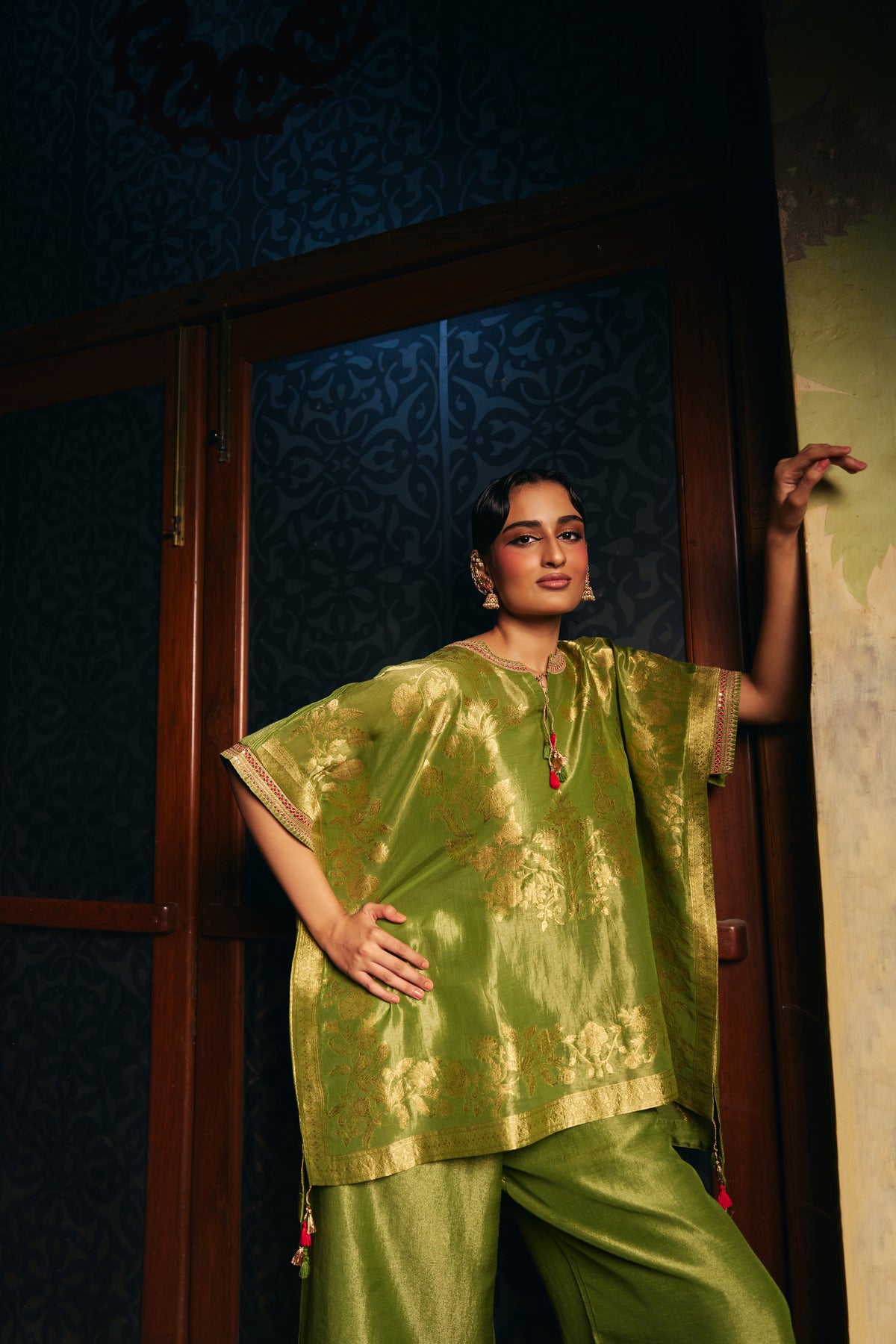 Moss Green Banarasi Tissue Kaftan Set with Wide-Leg Pants