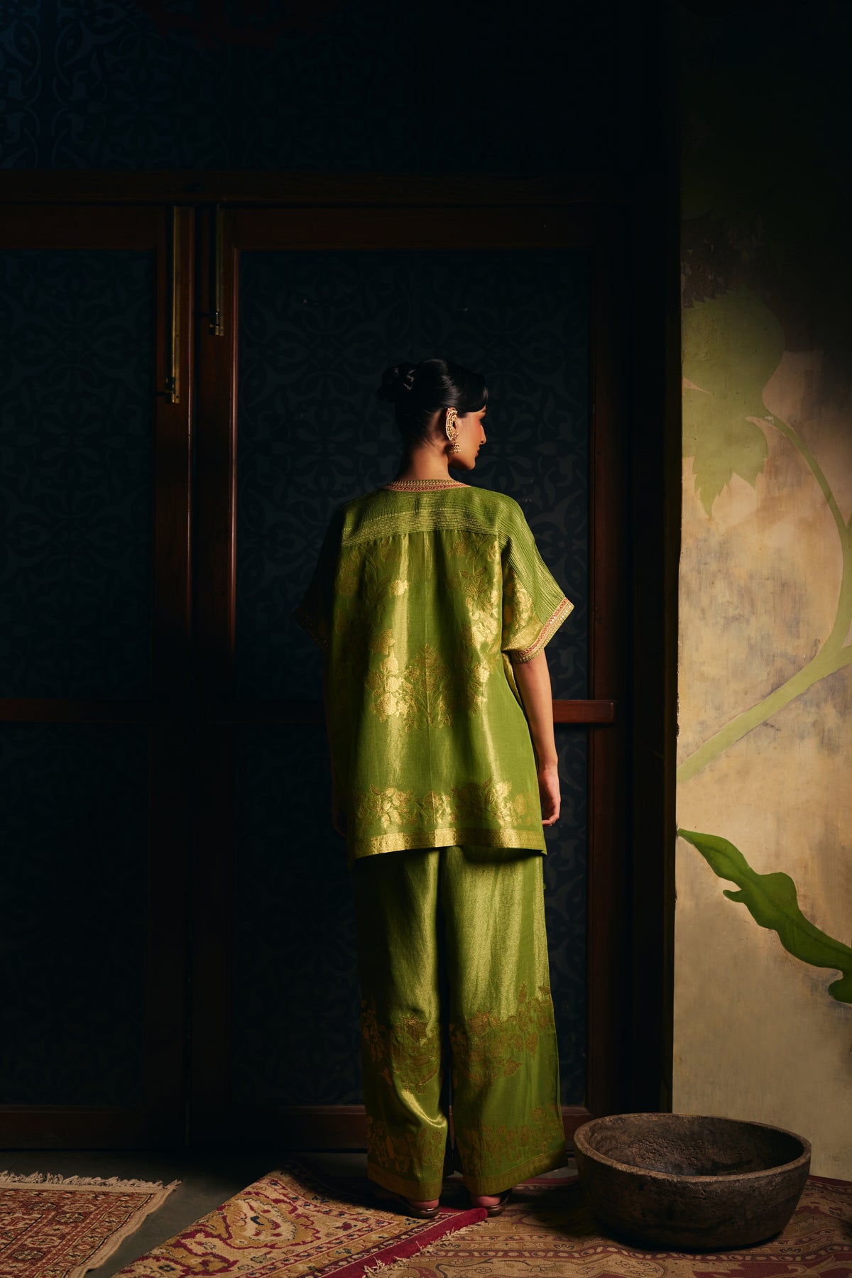 Moss Green Banarasi Tissue Kaftan Set with Wide-Leg Pants