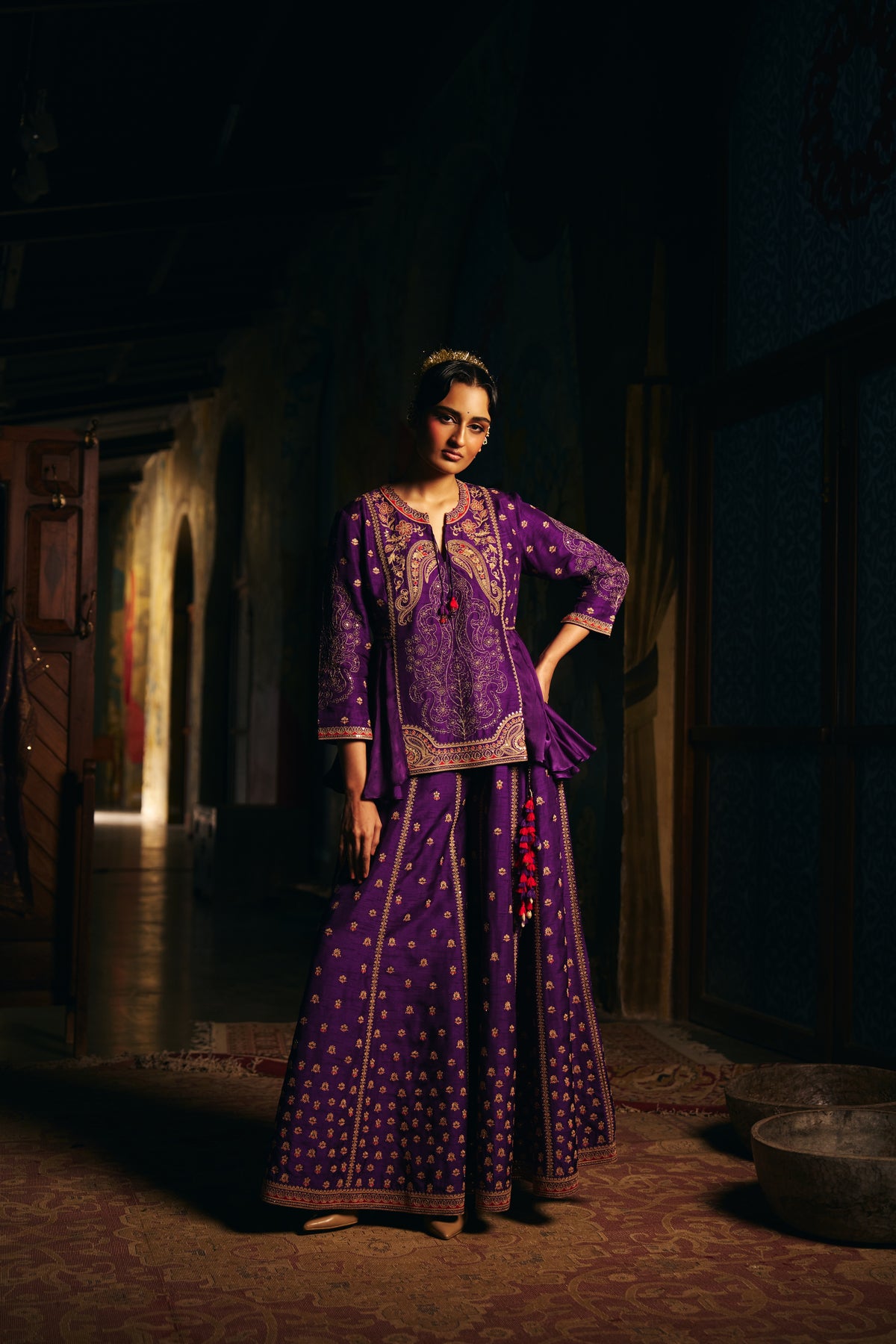 Deep Purple Silk Embroidered Kurta Set with Zardozi Paisley Work and Sharara