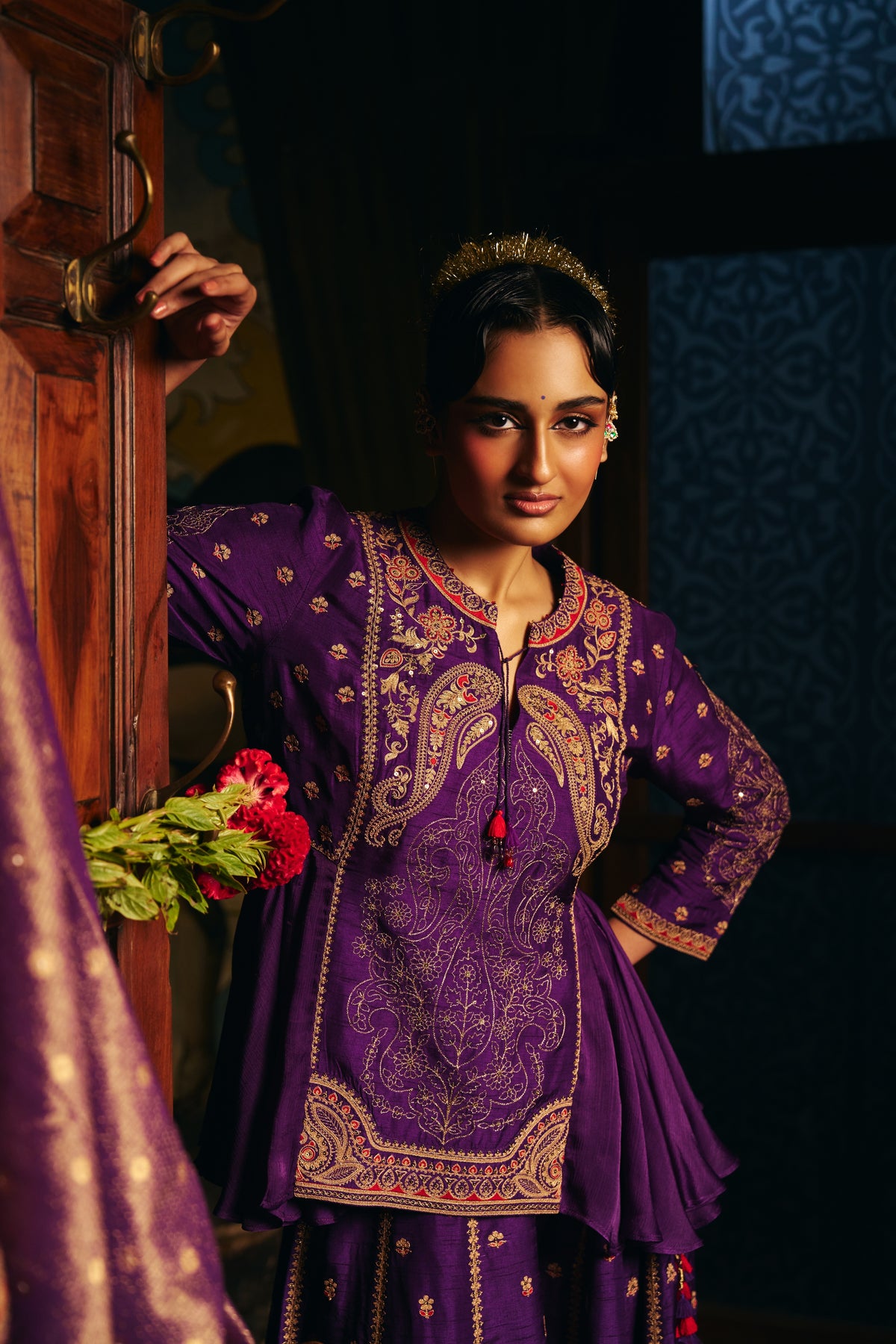 Deep Purple Silk Embroidered Kurta Set with Zardozi Paisley Work and Sharara