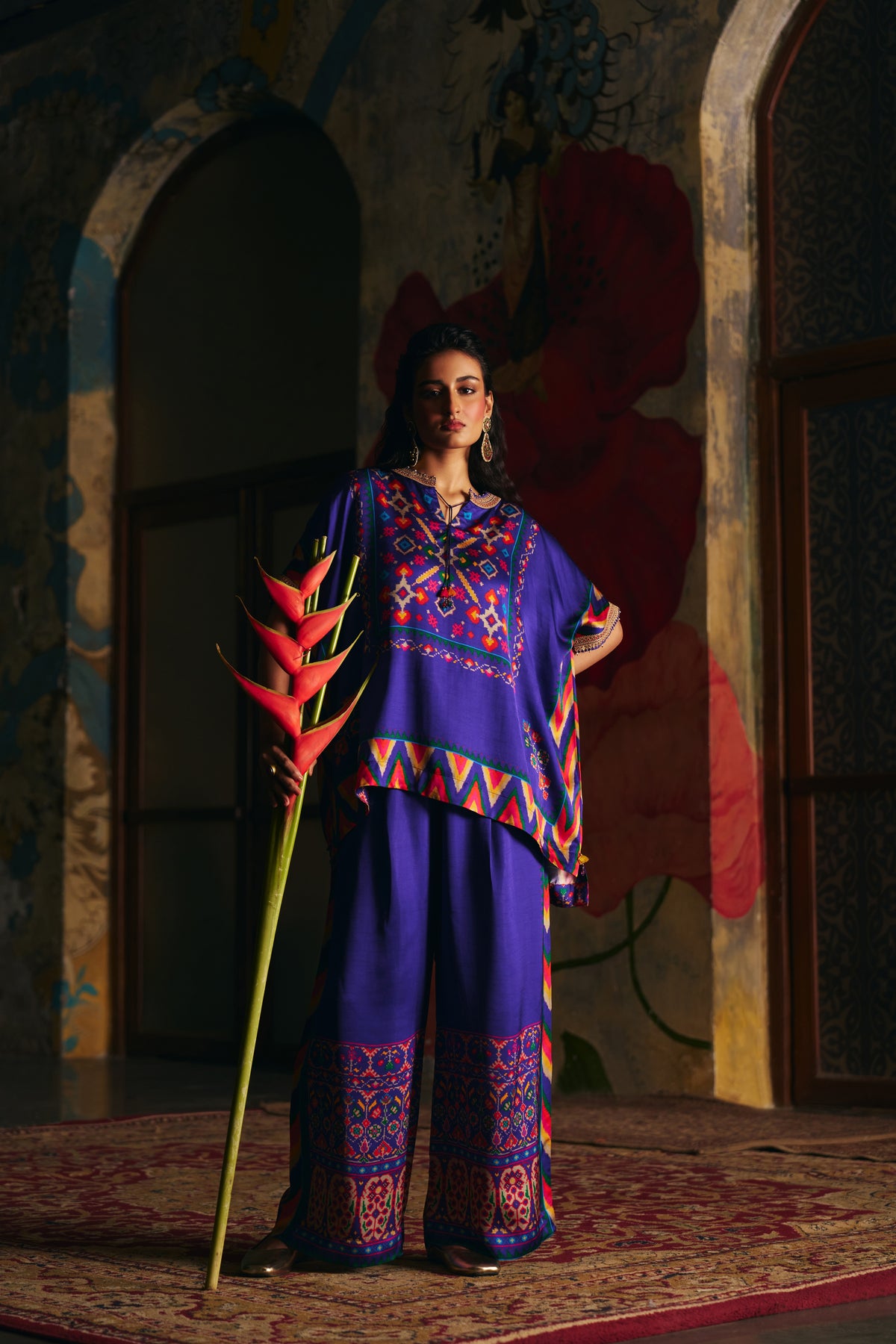 Royal Blue Silk Kaftan Co-ord Set with Patola Print and Wide-Leg Pants