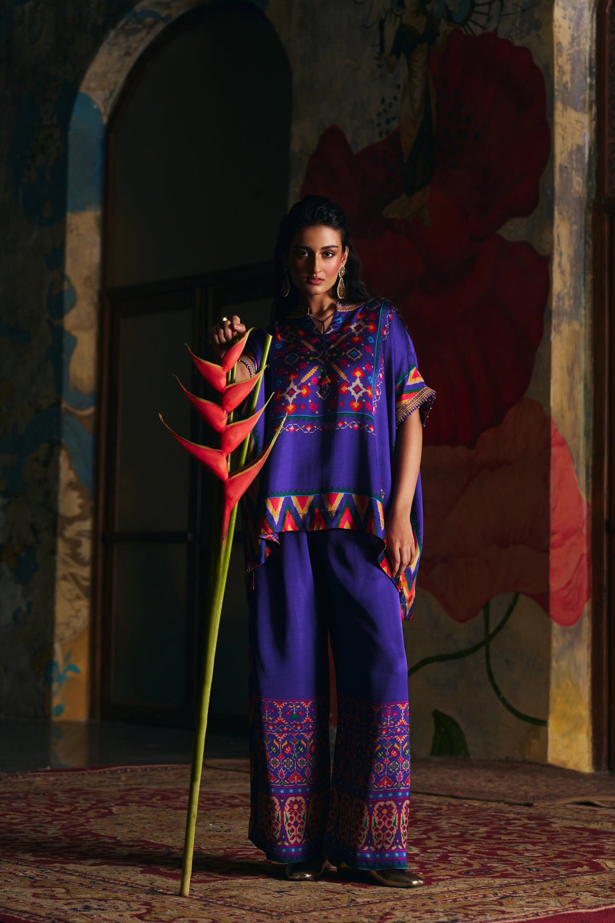 Royal Blue Silk Kaftan Co-ord Set with Patola Print and Wide-Leg Pants