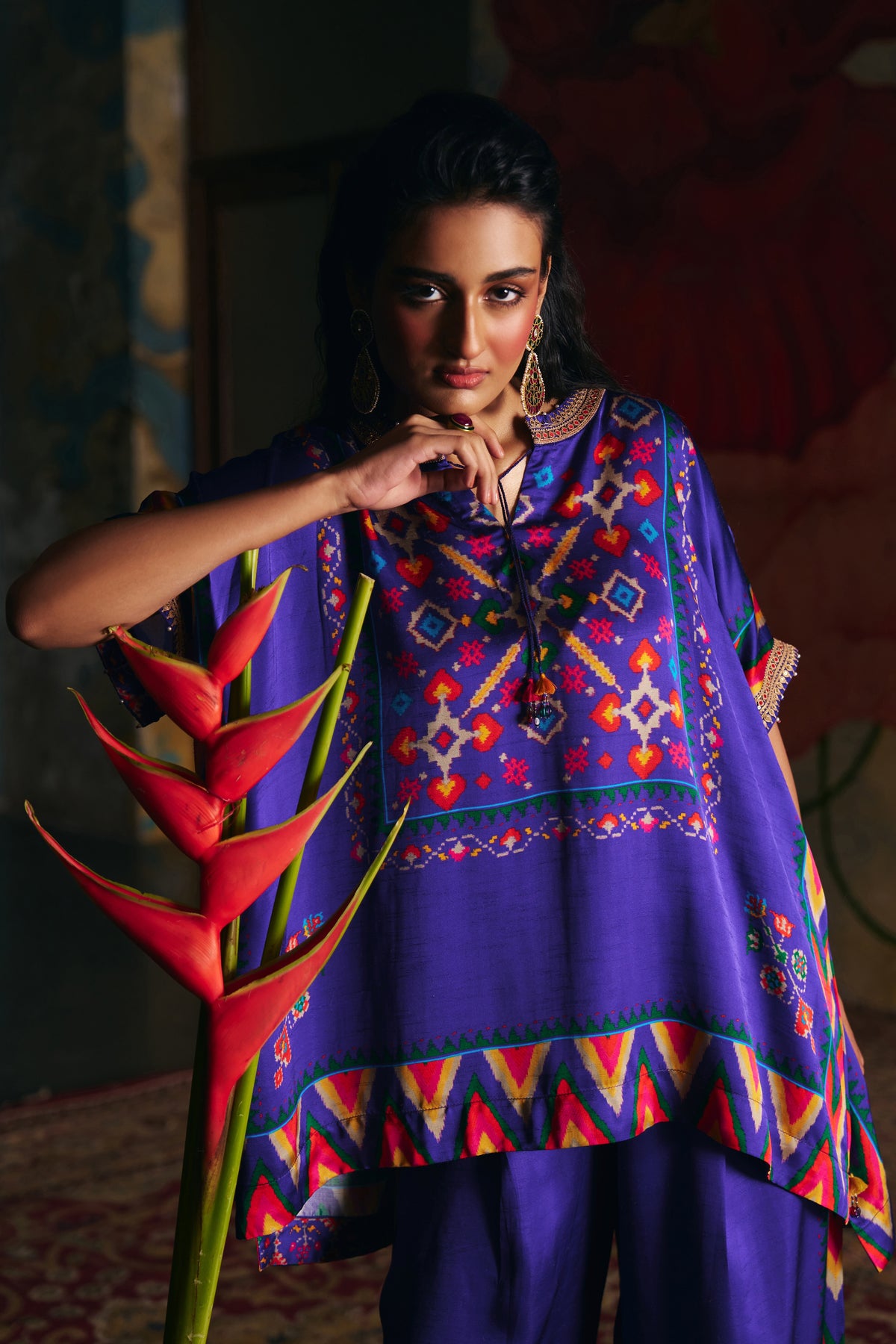 Royal Blue Silk Kaftan Co-ord Set with Patola Print and Wide-Leg Pants