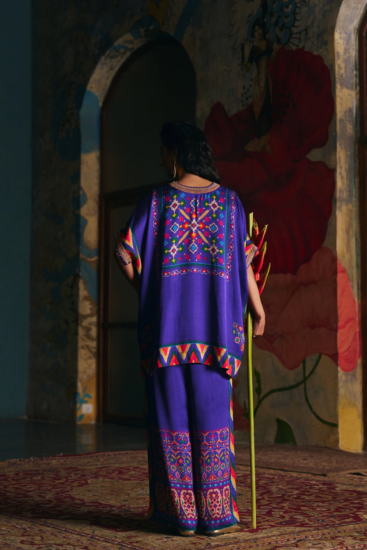 Royal Blue Silk Kaftan Co-ord Set with Patola Print and Wide-Leg Pants