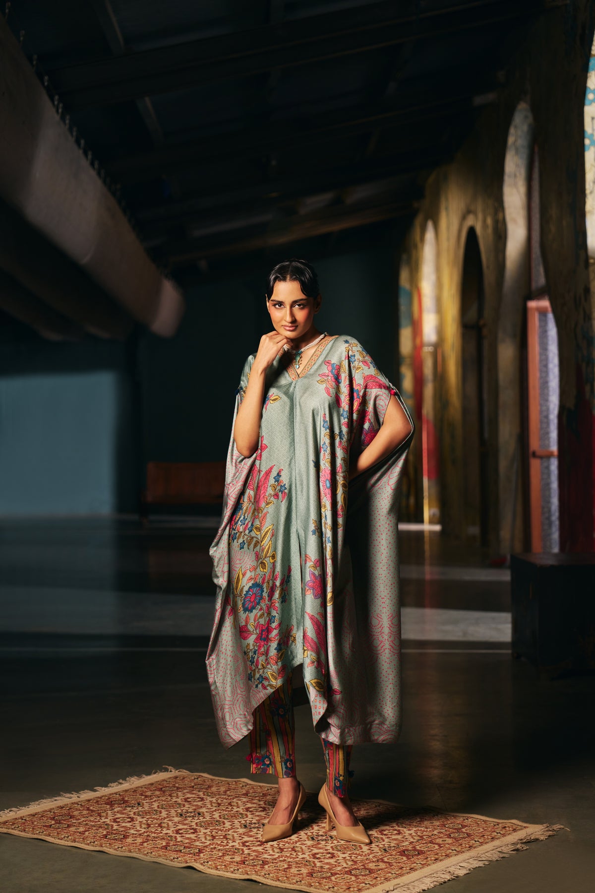 Sage Green Printed Silk Kaftan Set with Striped Trousers