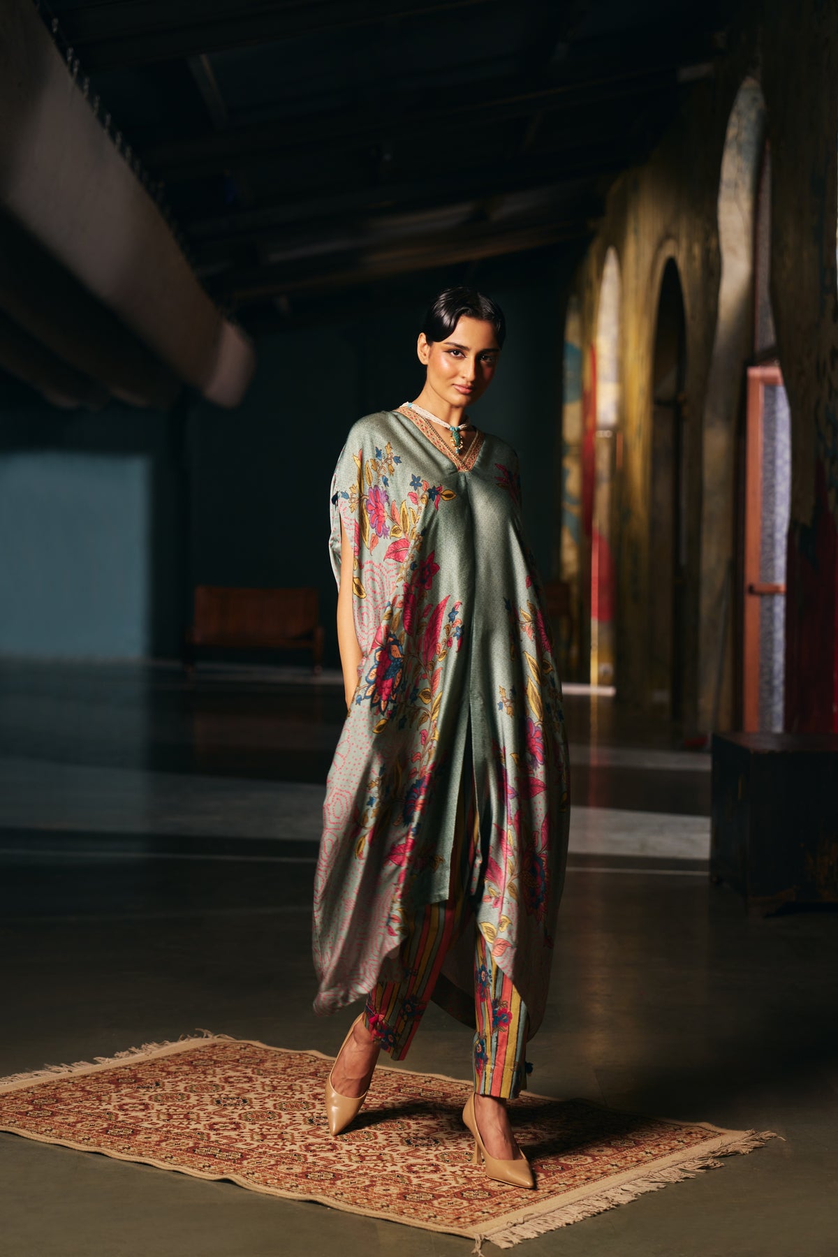 Sage Green Printed Silk Kaftan Set with Striped Trousers