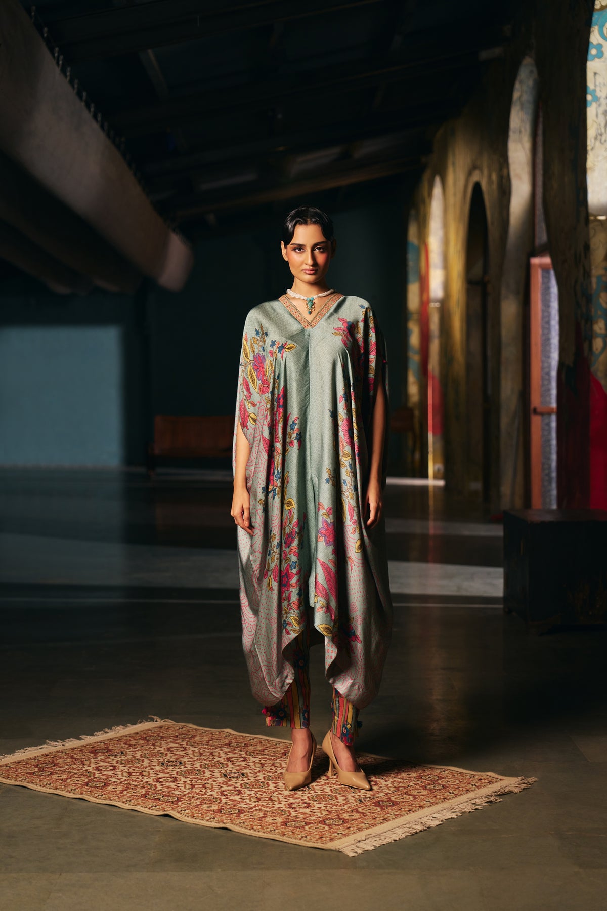 Sage Green Printed Silk Kaftan Set with Striped Trousers