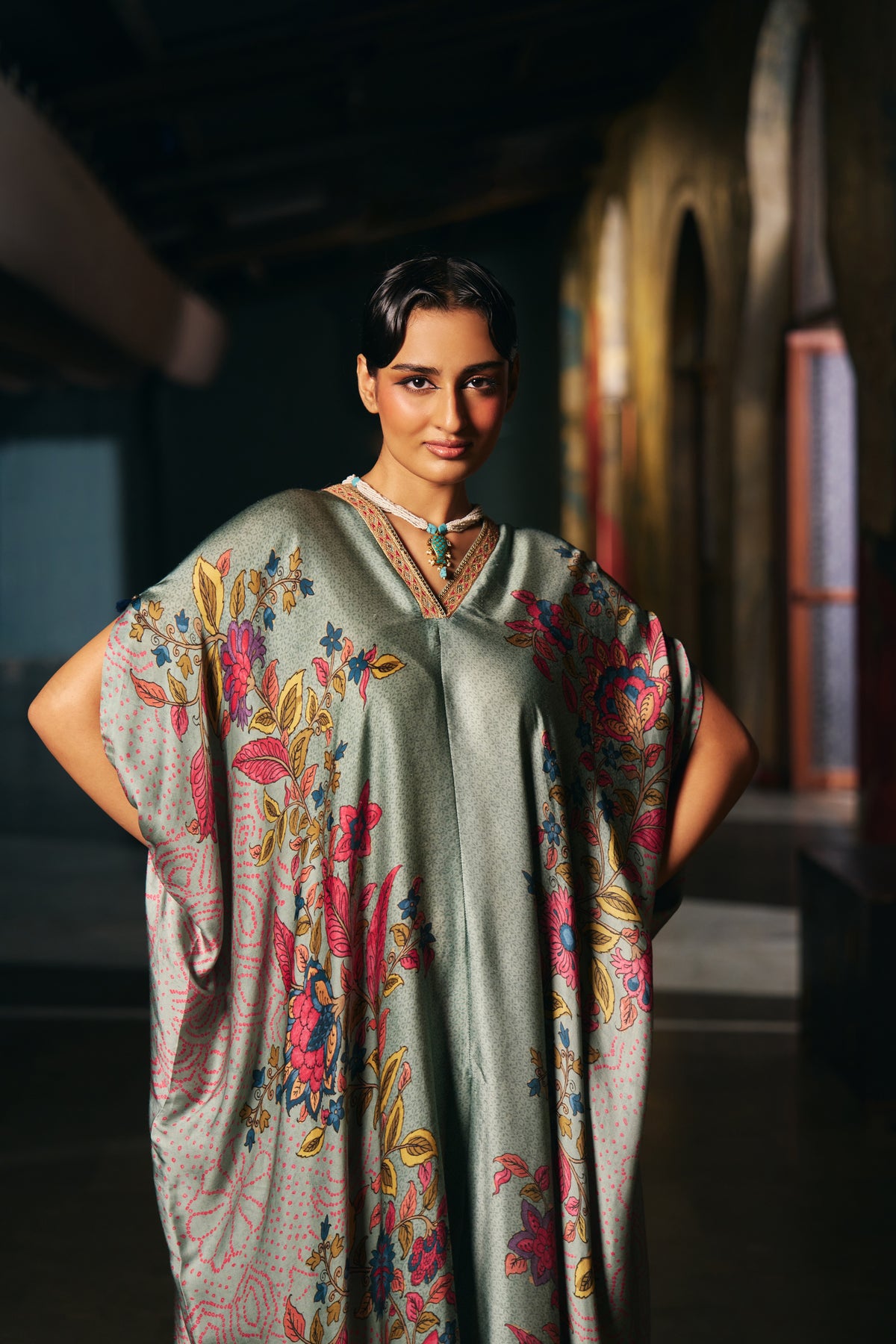 Sage Green Printed Silk Kaftan Set with Striped Trousers