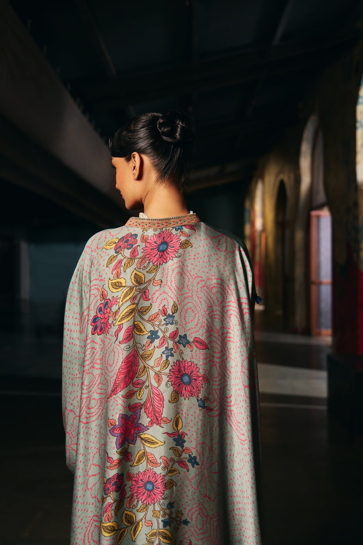 Sage Green Printed Silk Kaftan Set with Striped Trousers