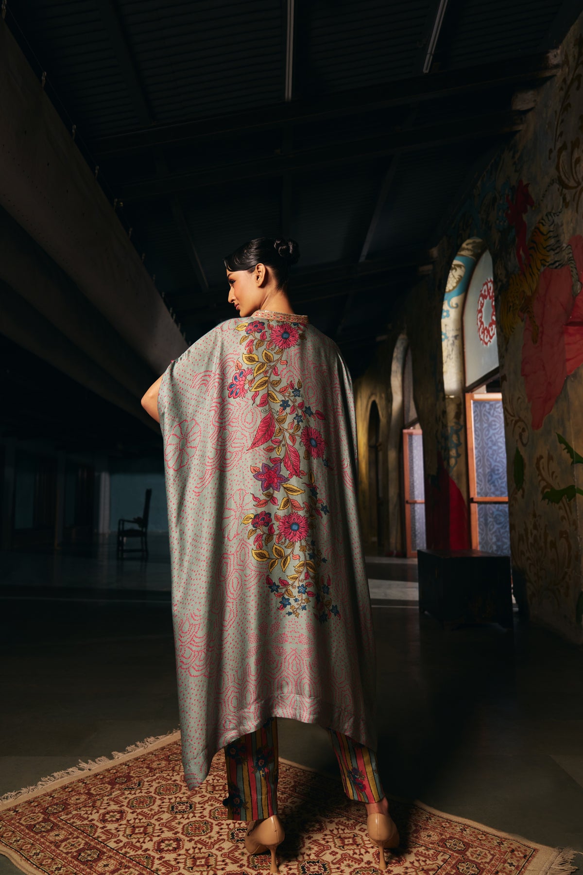 Sage Green Printed Silk Kaftan Set with Striped Trousers