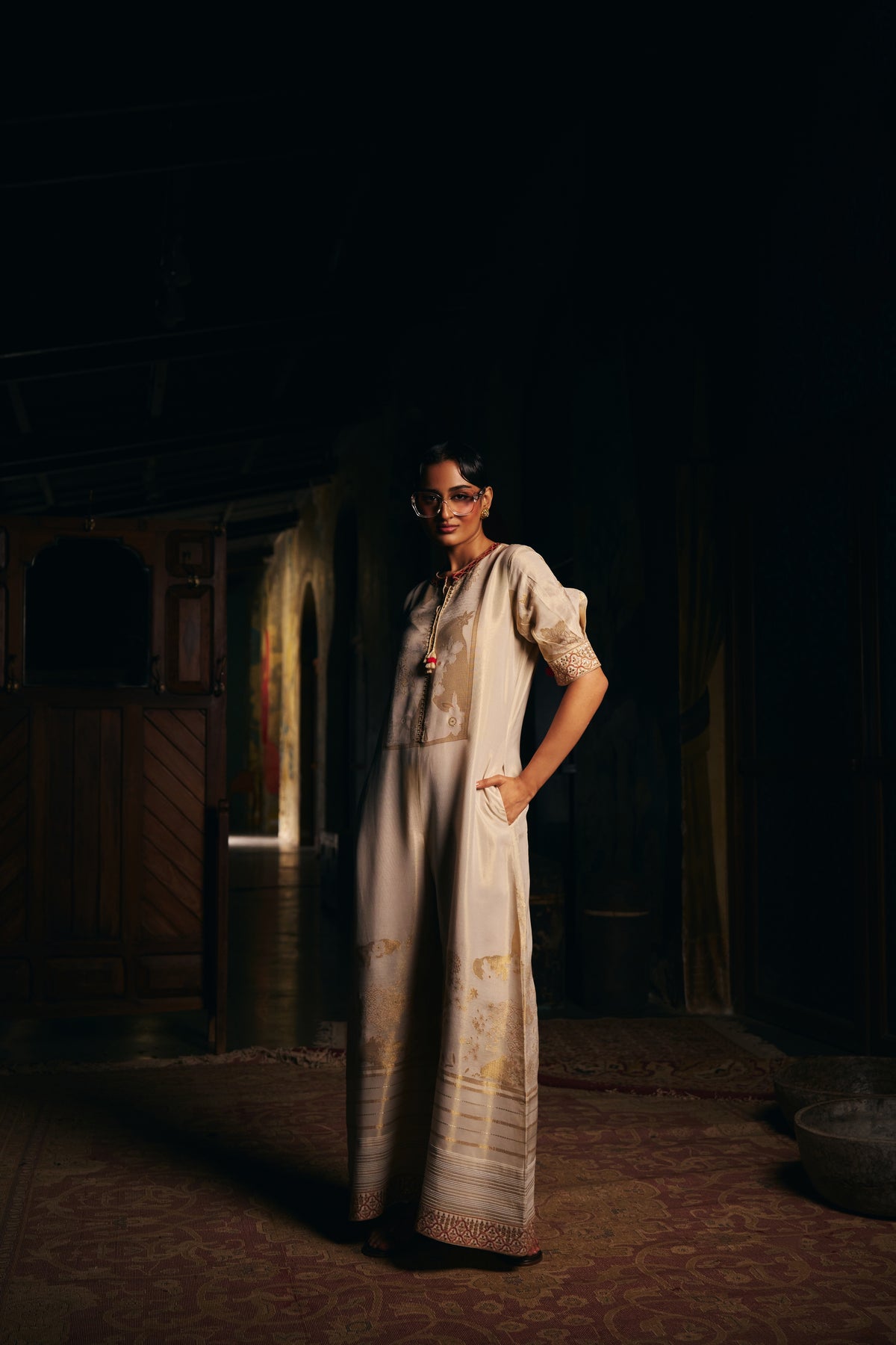 Ivory Banarasi Tissue Jumpsuit with Gold Woven Motifs and Embroidered Neckline
