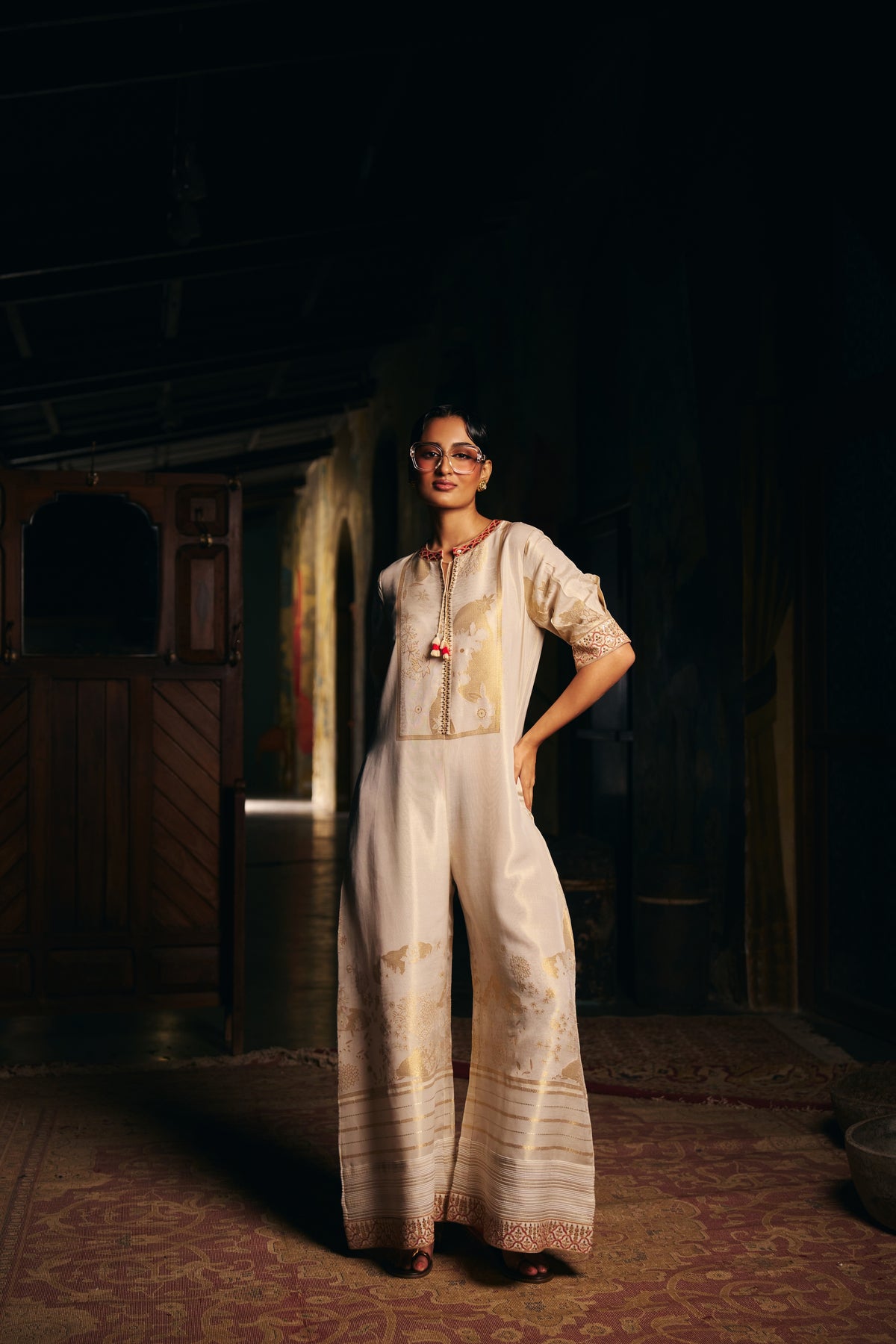 Ivory Banarasi Tissue Jumpsuit with Gold Woven Motifs and Embroidered Neckline