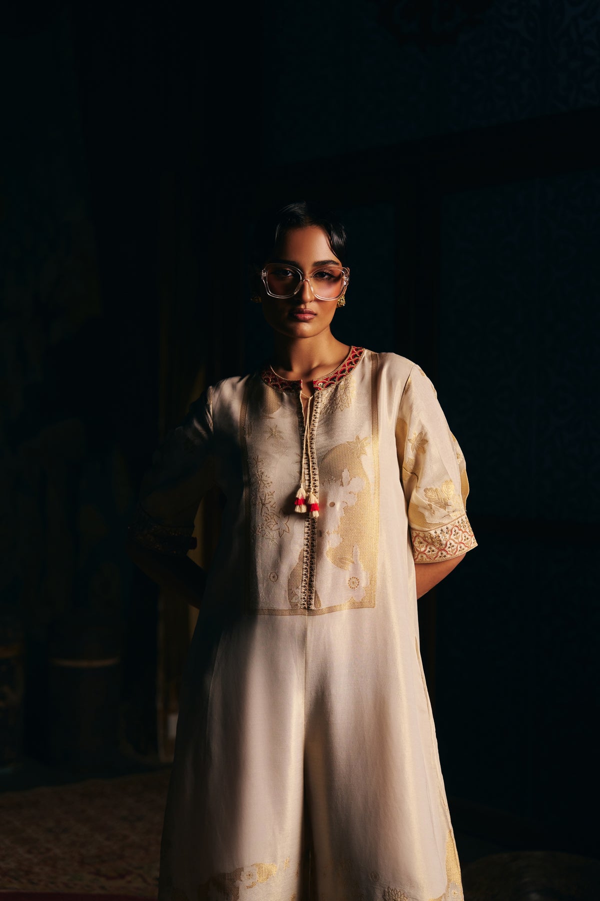 Ivory Banarasi Tissue Jumpsuit with Gold Woven Motifs and Embroidered Neckline