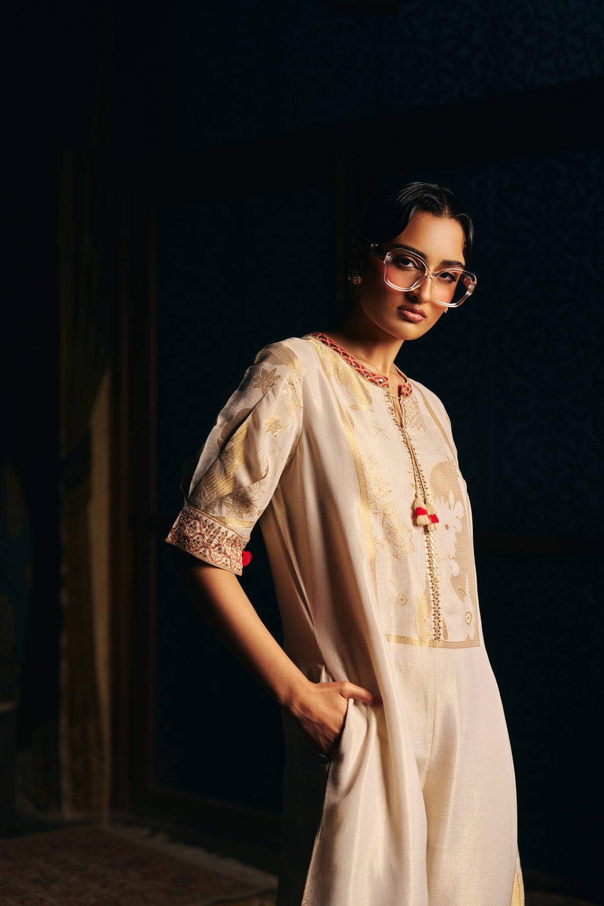Ivory Banarasi Tissue Jumpsuit with Gold Woven Motifs and Embroidered Neckline