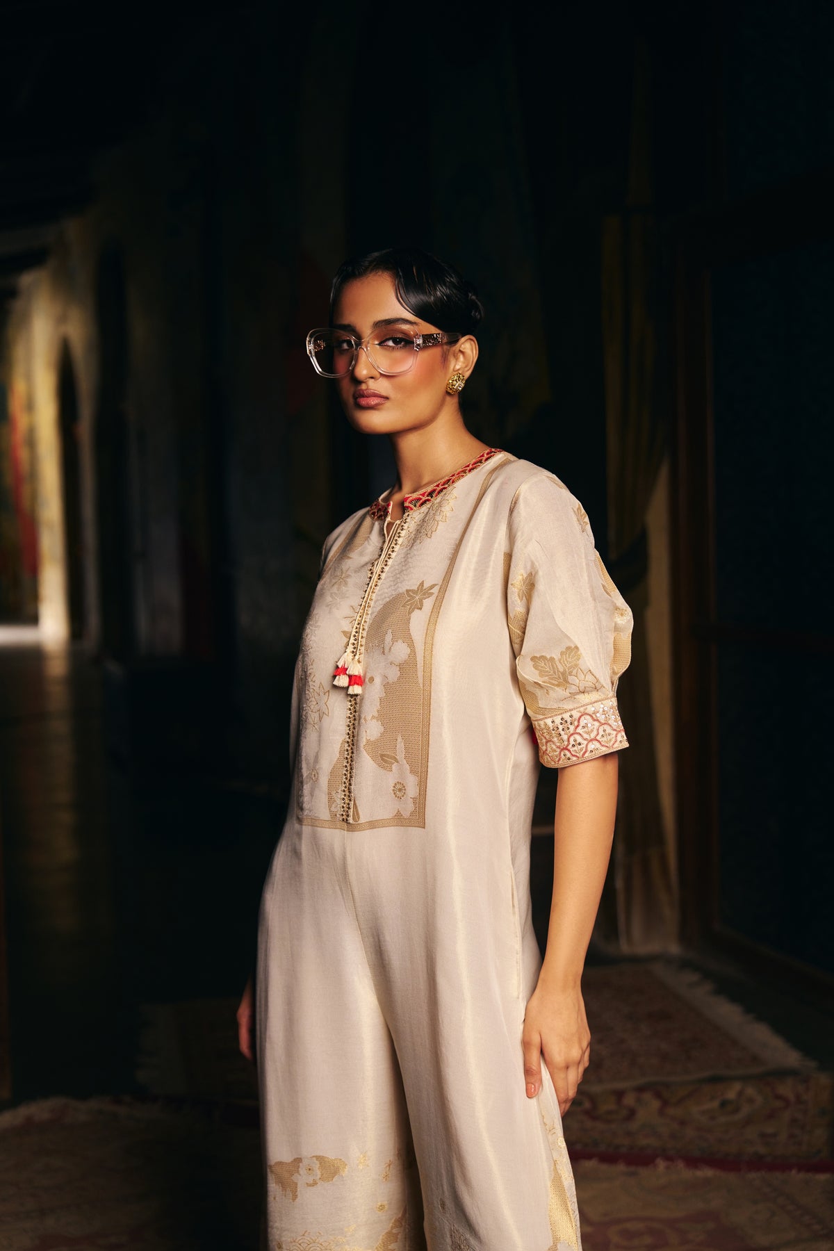 Ivory Banarasi Tissue Jumpsuit with Gold Woven Motifs and Embroidered Neckline
