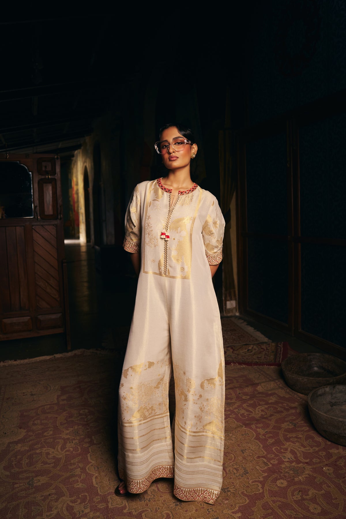 Ivory Banarasi Tissue Jumpsuit with Gold Woven Motifs and Embroidered Neckline