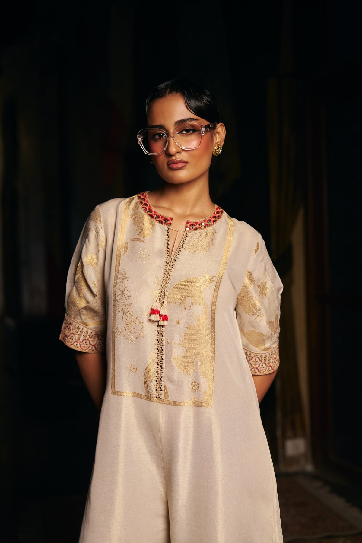 Ivory Banarasi Tissue Jumpsuit with Gold Woven Motifs and Embroidered Neckline