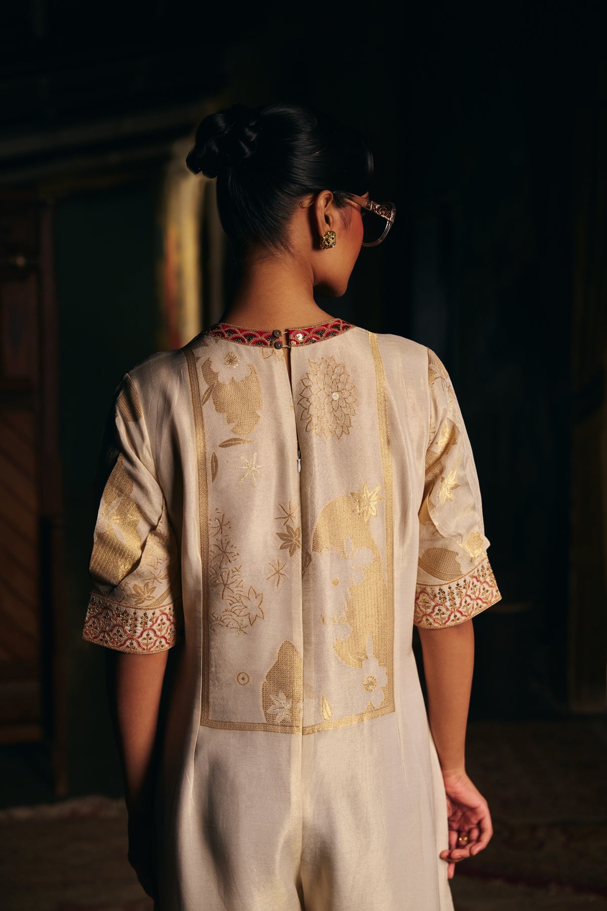 Ivory Banarasi Tissue Jumpsuit with Gold Woven Motifs and Embroidered Neckline