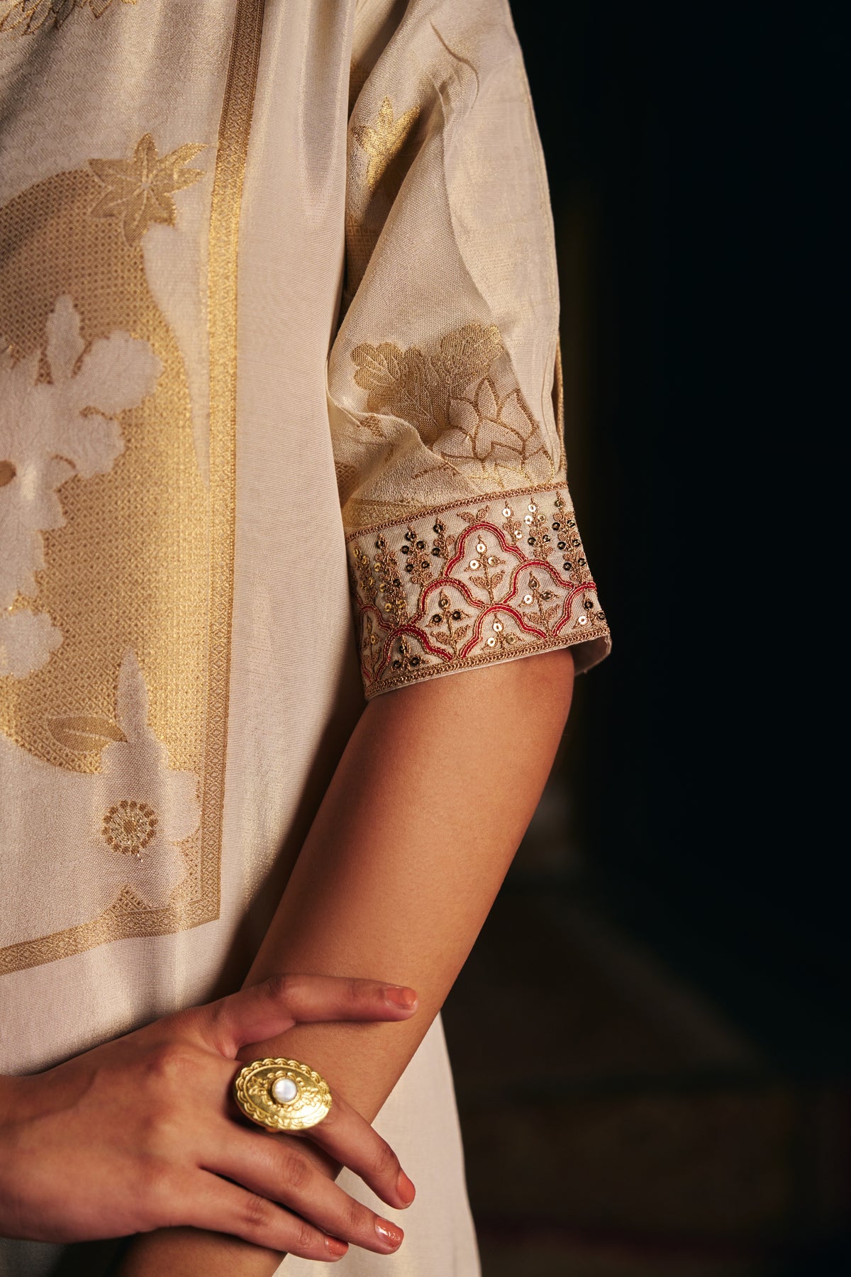 Ivory Banarasi Tissue Jumpsuit with Gold Woven Motifs and Embroidered Neckline