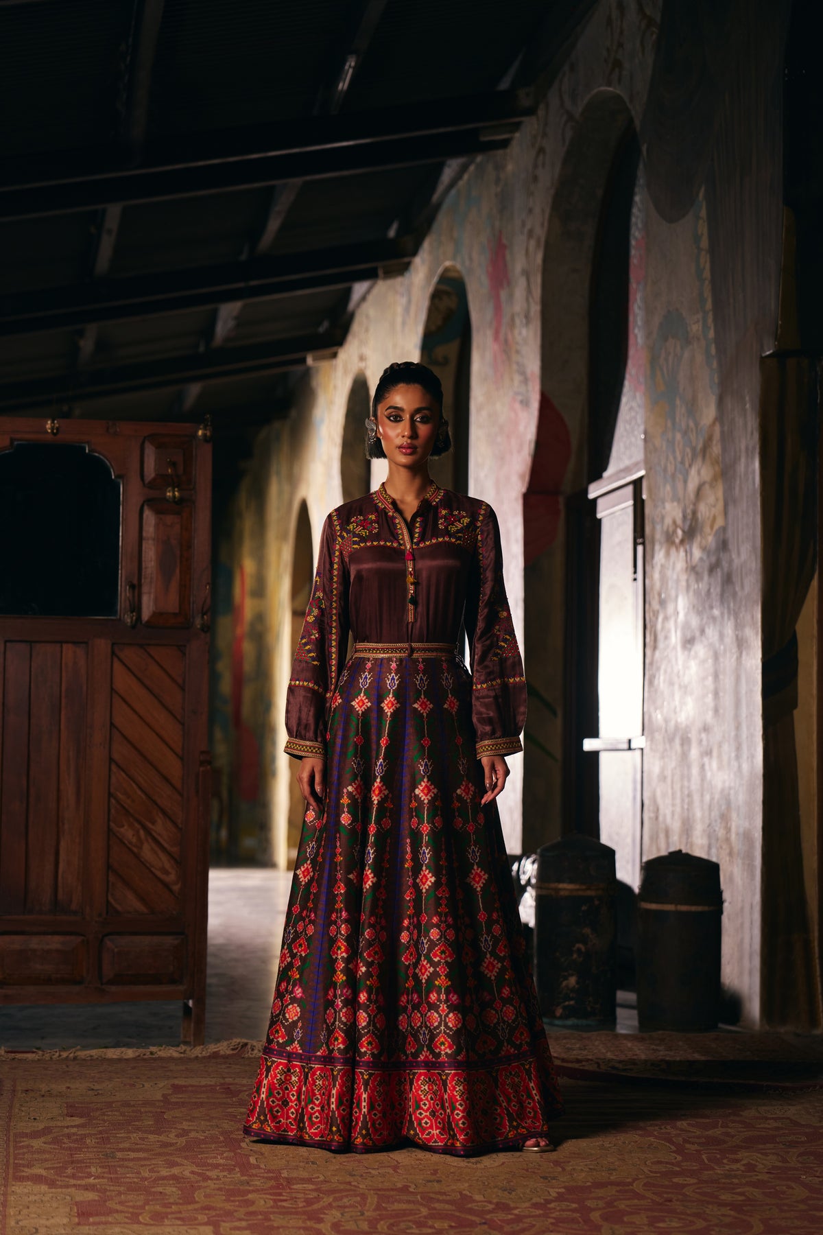 Chocolate Brown Silk Embroidered Shirt with Patola Print Flared Skirt
