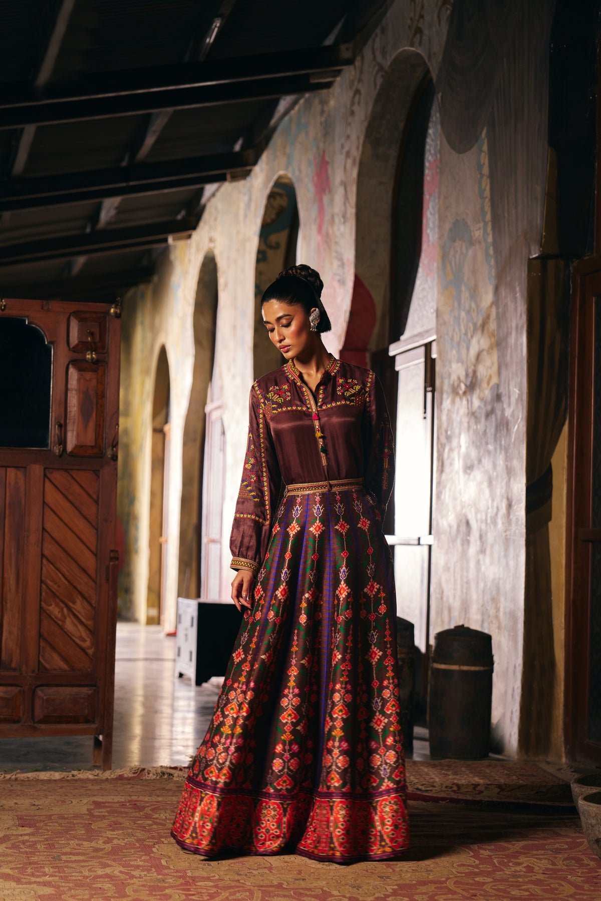 Chocolate Brown Silk Embroidered Shirt with Patola Print Flared Skirt