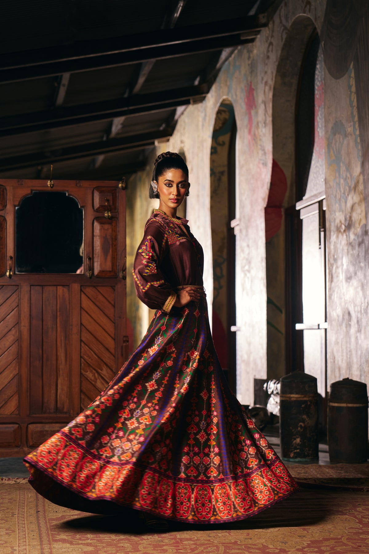 Chocolate Brown Silk Embroidered Shirt with Patola Print Flared Skirt
