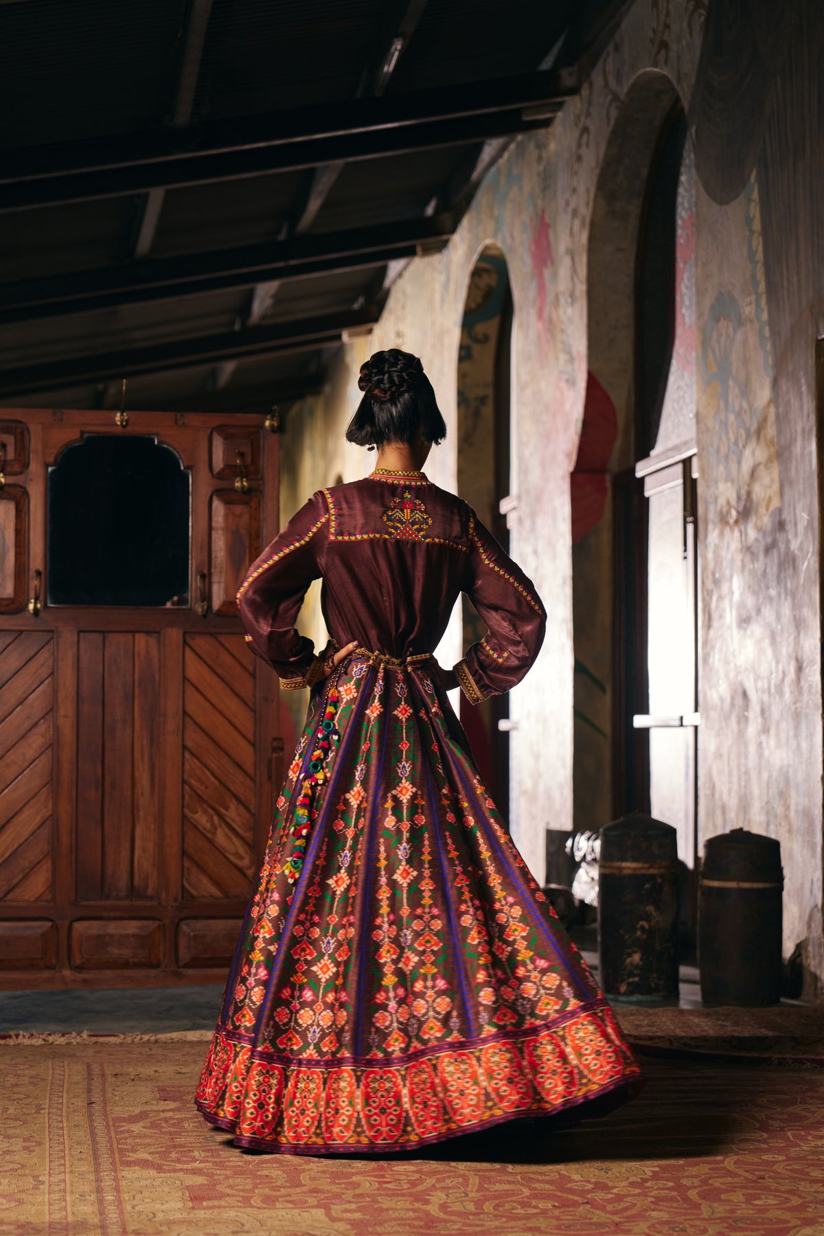 Chocolate Brown Silk Embroidered Shirt with Patola Print Flared Skirt