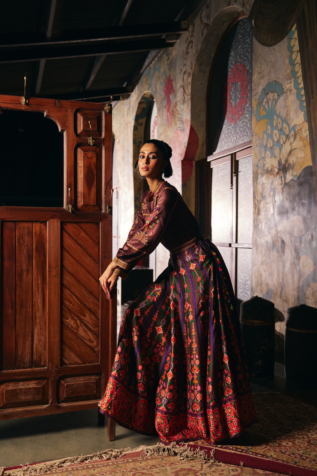 Chocolate Brown Silk Embroidered Shirt with Patola Print Flared Skirt
