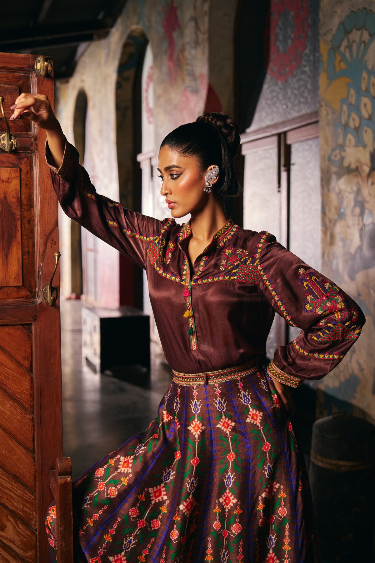 Chocolate Brown Silk Embroidered Shirt with Patola Print Flared Skirt