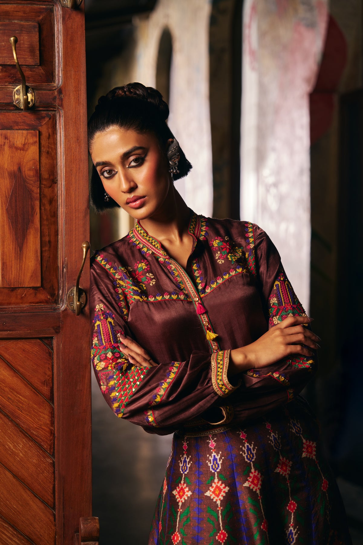Chocolate Brown Silk Embroidered Shirt with Patola Print Flared Skirt