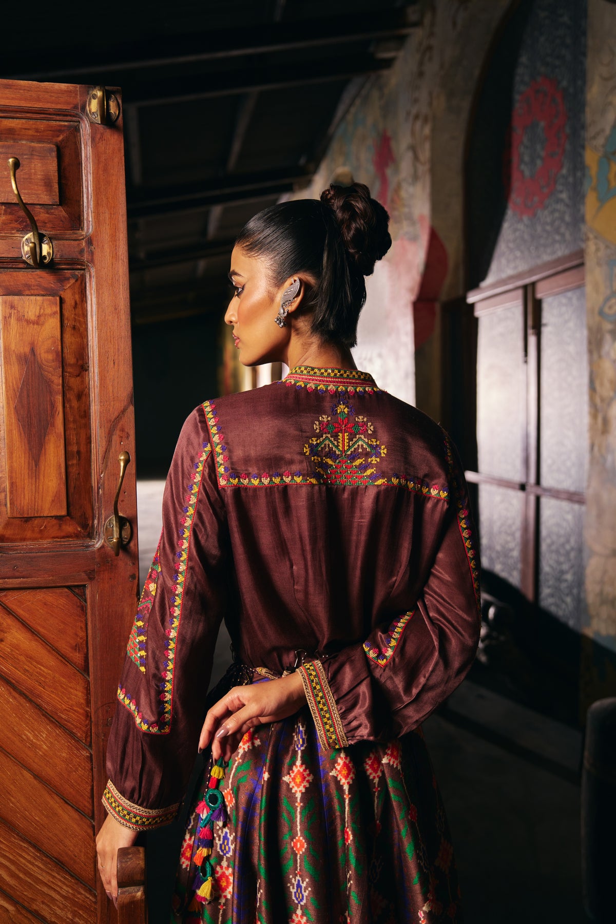 Chocolate Brown Silk Embroidered Shirt with Patola Print Flared Skirt