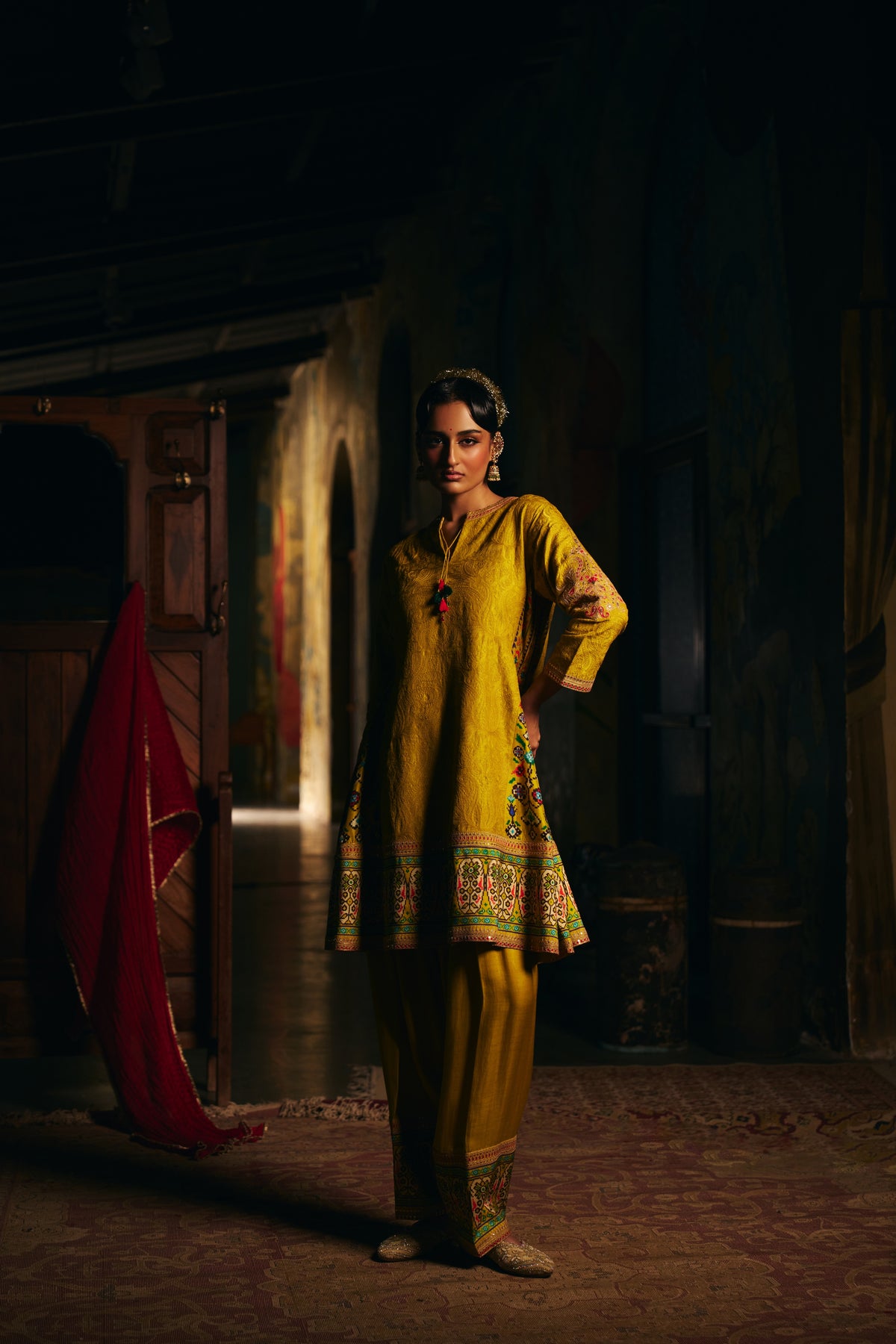 Mustard Gold Silk Kurta Set with Self Thread Work, Patola Print Panels and Salwar