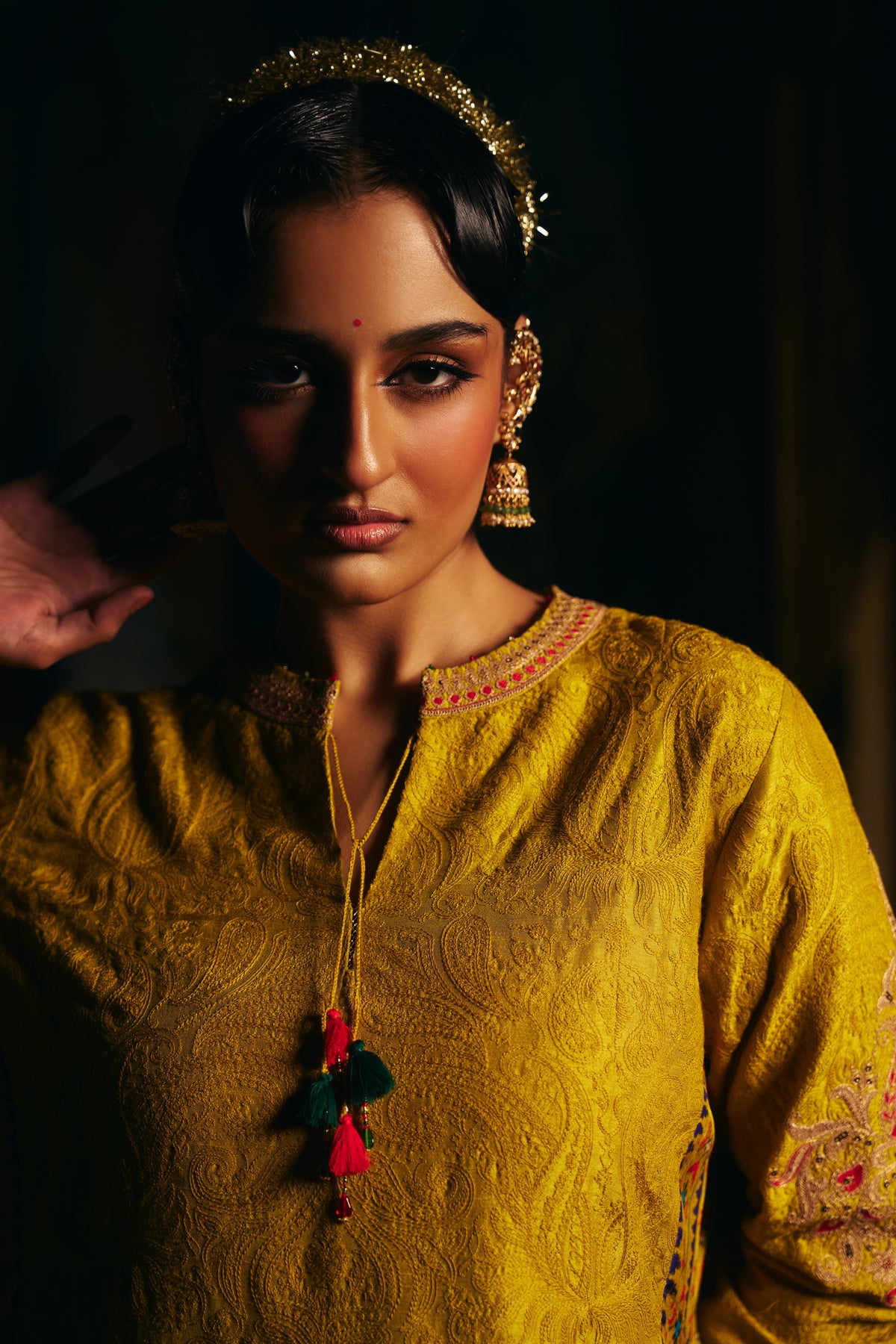 Mustard Gold Silk Kurta Set with Self Thread Work, Patola Print Panels and Salwar